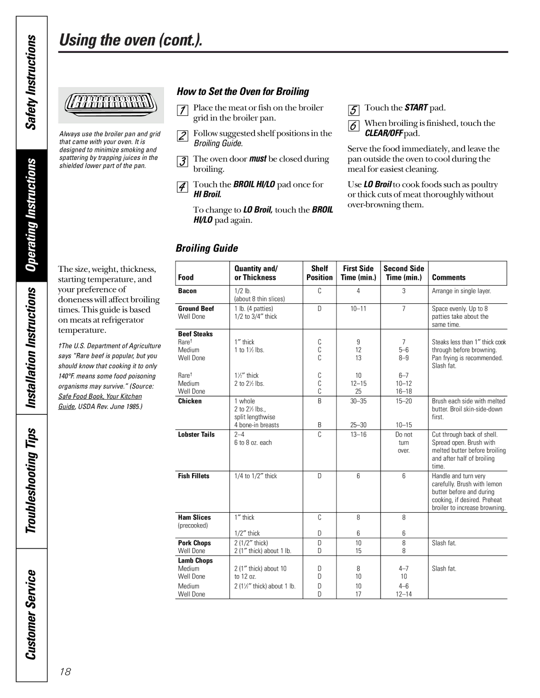 GE JCB920 Troubleshooting Tips Installation Instructions Operating, How to Set the Oven for Broiling, Broiling Guide 