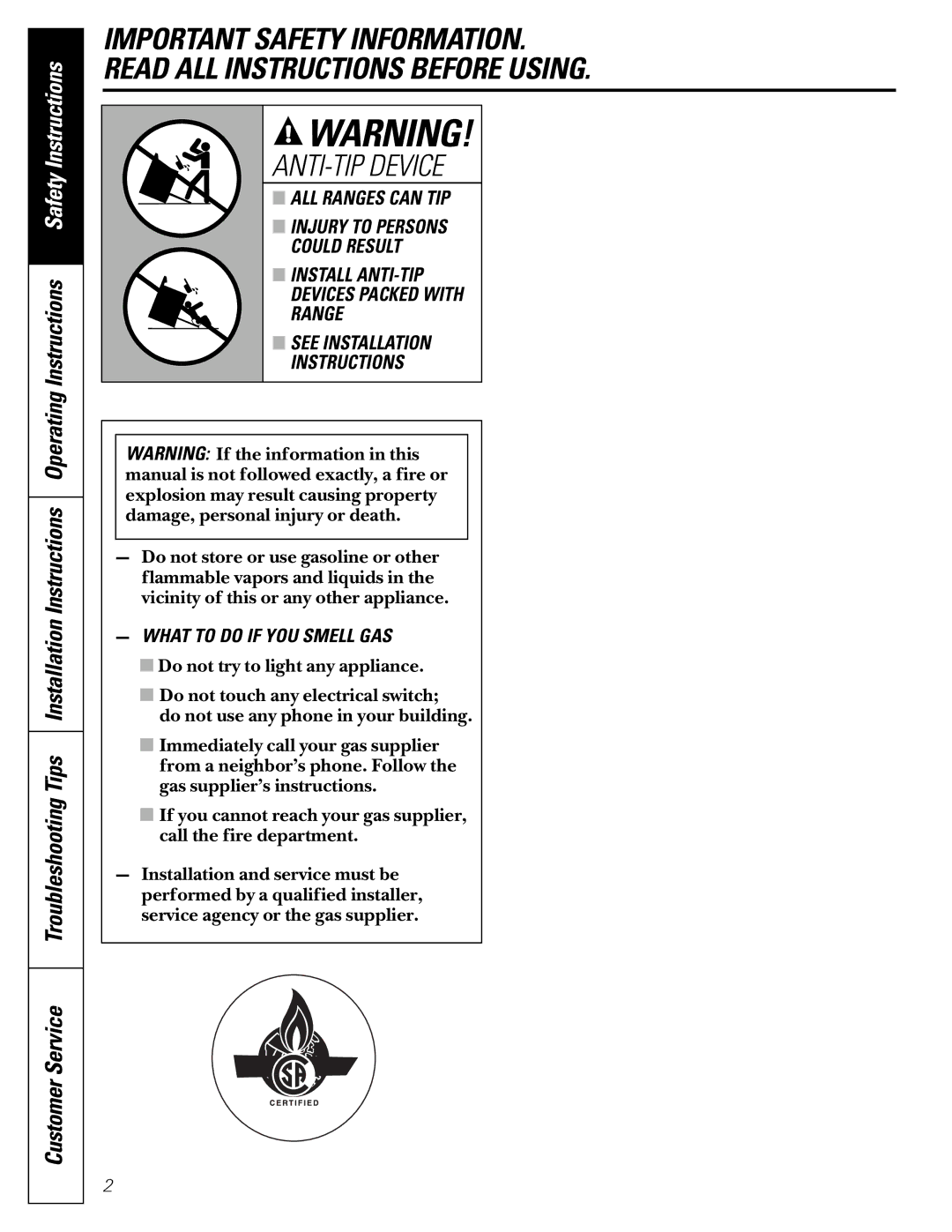 GE JCB920, JCB910 owner manual ANTI-TIP Device, Customer Service 