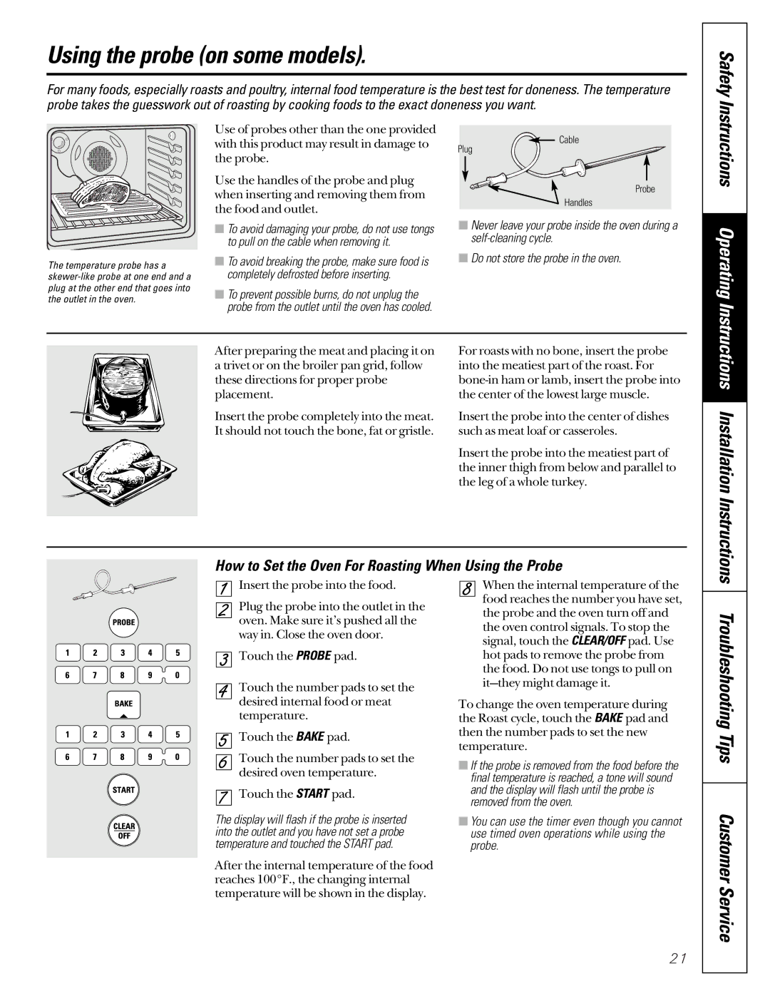 GE JCB910, JCB920 owner manual Using the probe on some models, How to Set the Oven For Roasting When Using the Probe 