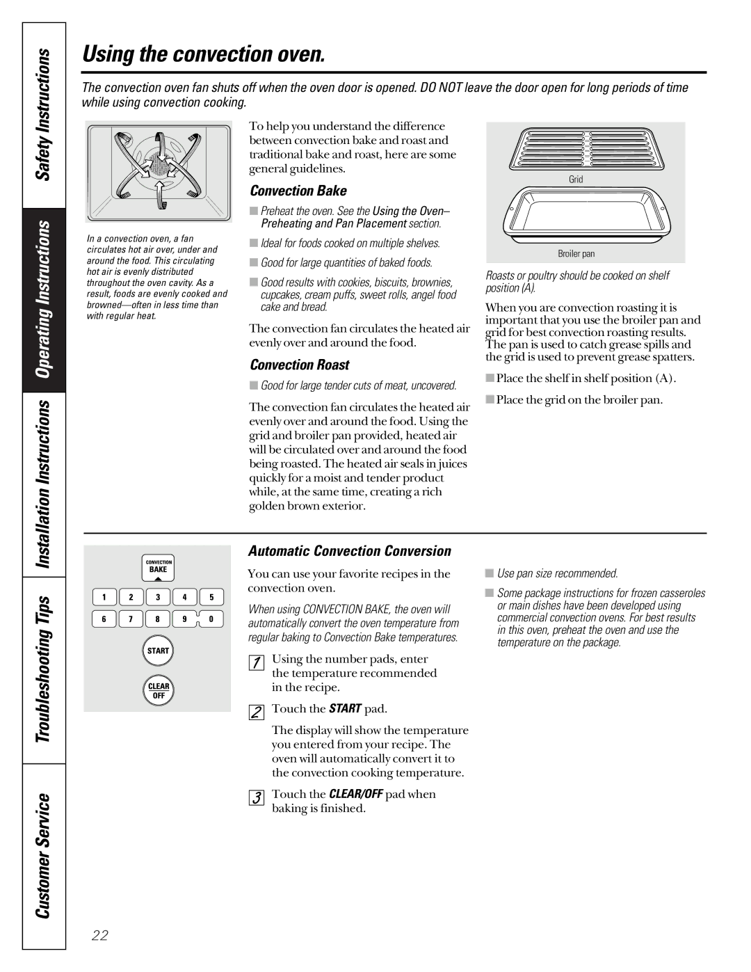 GE JCB920, JCB910 Using the convection oven, Installation Instructions Operating Instructions Safety, Convection Bake 