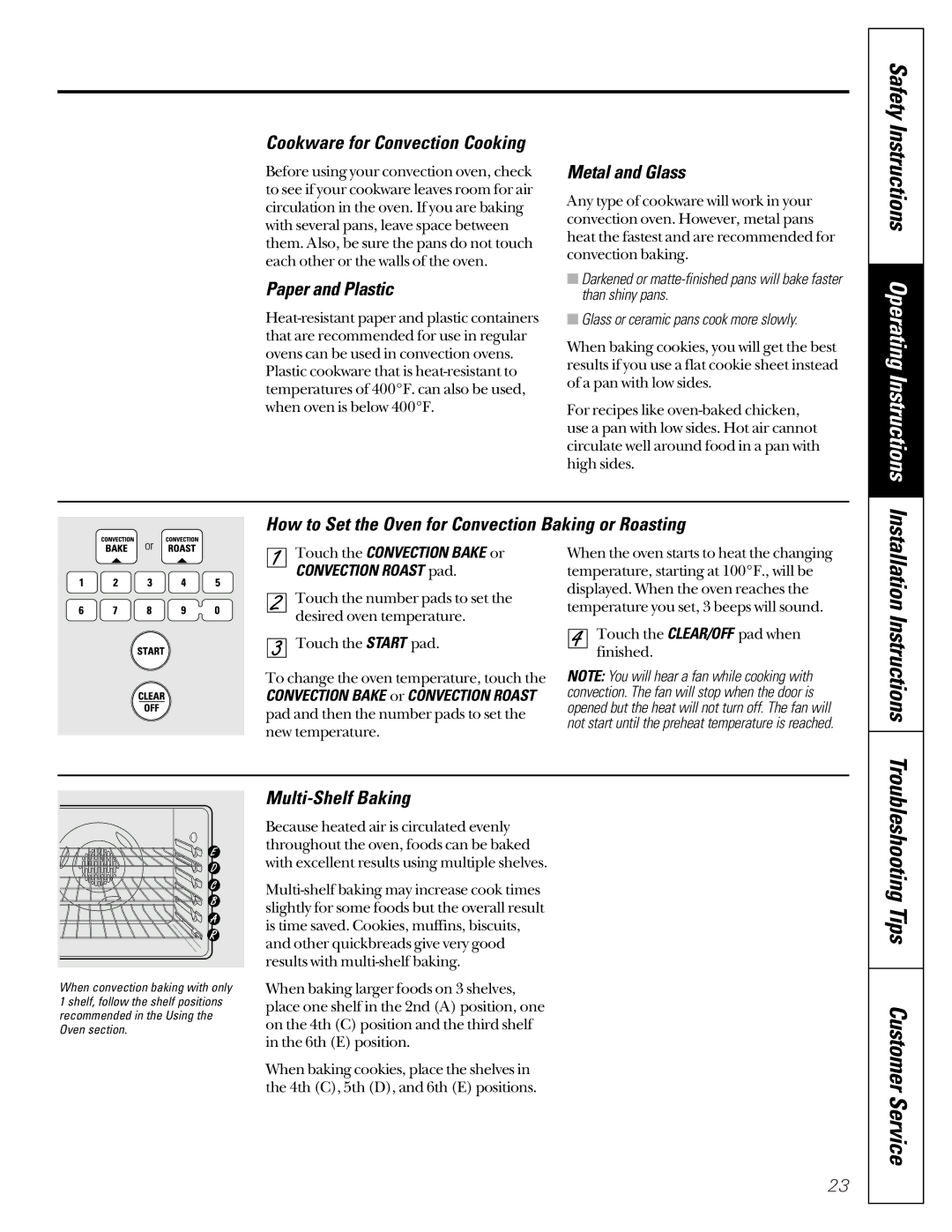 GE JCB910 Paper and Plastic, Metal and Glass, How to Set the Oven for Convection Baking or Roasting, Multi-Shelf Baking 