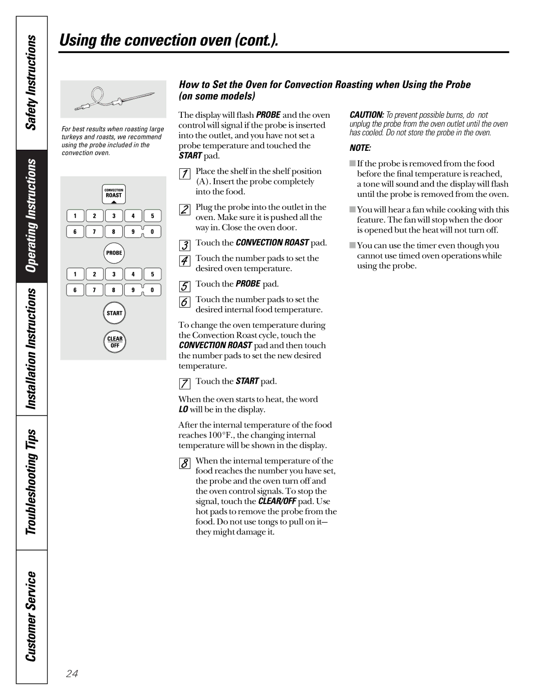 GE JCB920, JCB910 owner manual Troubleshooting Tips Installation Instructions, Touch the Convection Roast pad 