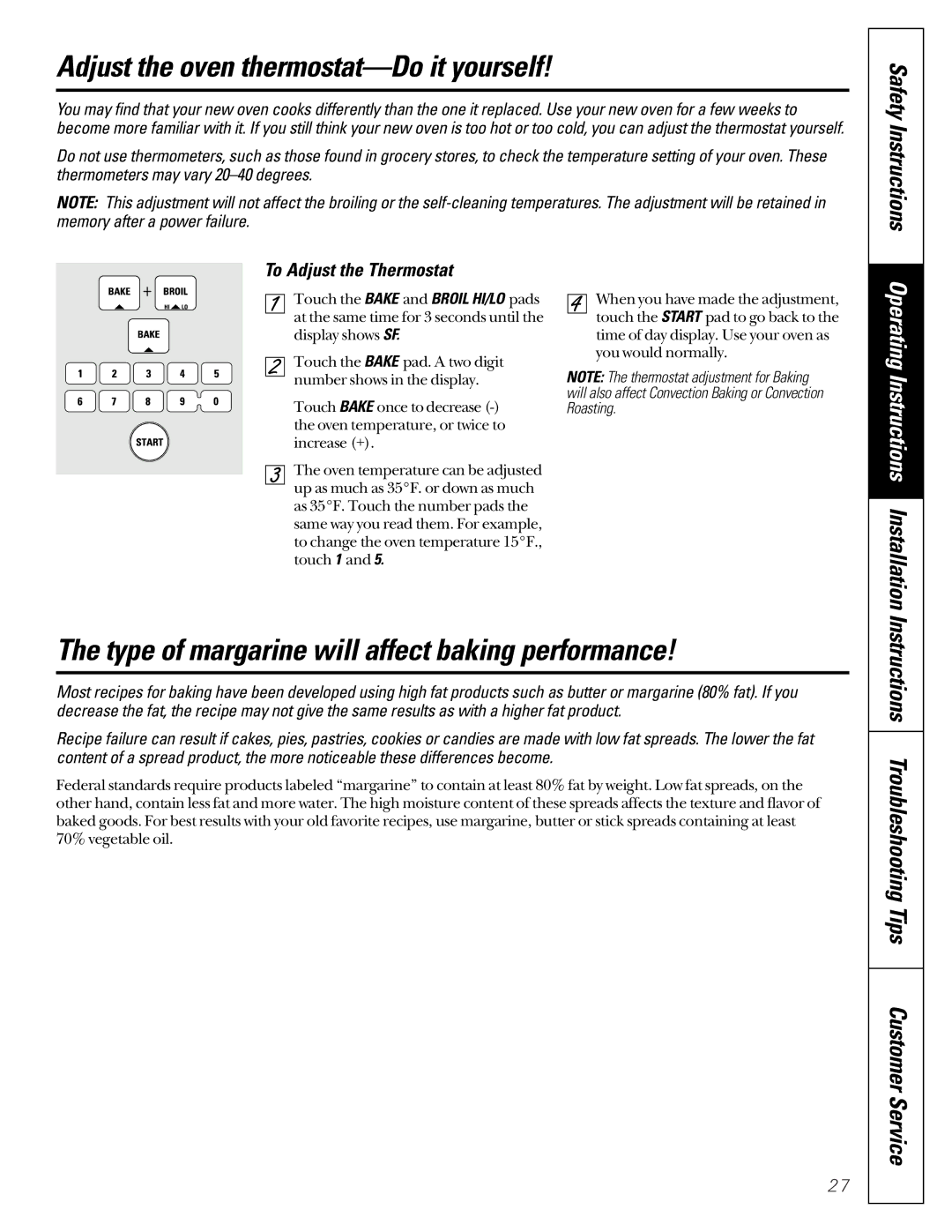 GE JCB910 Adjust the oven thermostat-Do it yourself, Type of margarine will affect baking performance, Safety Instructions 