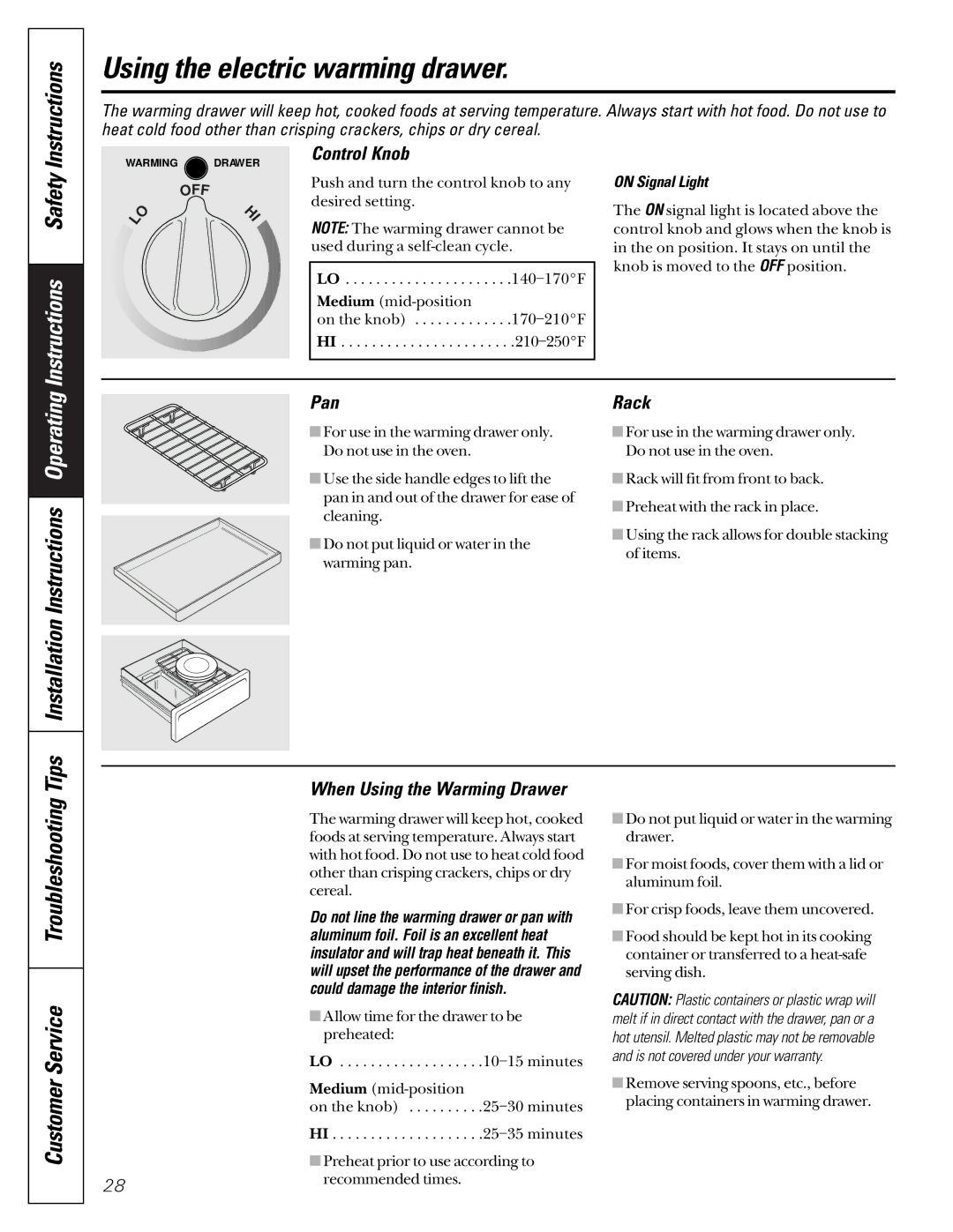 GE JCB920, JCB910 owner manual Using the electric warming drawer, Control Knob, Pan, When Using the Warming Drawer 