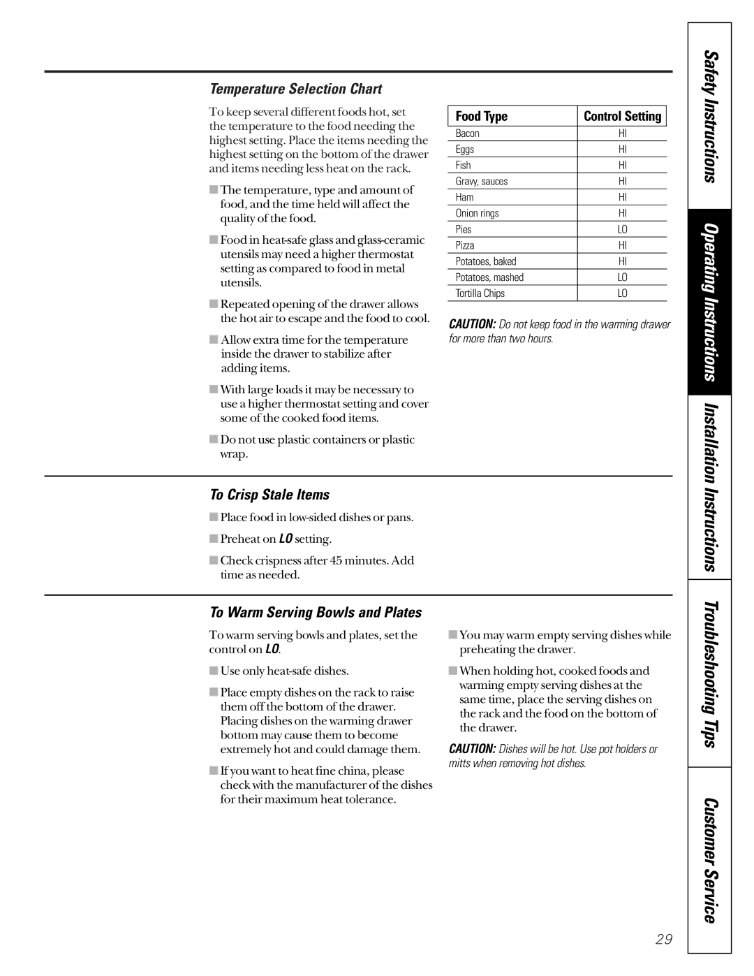 GE JCB910, JCB920 Instructions Operating Instructions Installation, Temperature Selection Chart, To Crisp Stale Items 