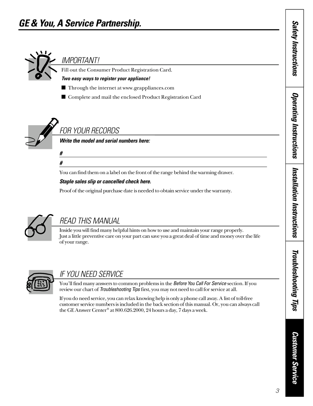 GE JCB910, JCB920 owner manual GE & You, a Service Partnership, Write the model and serial numbers here 