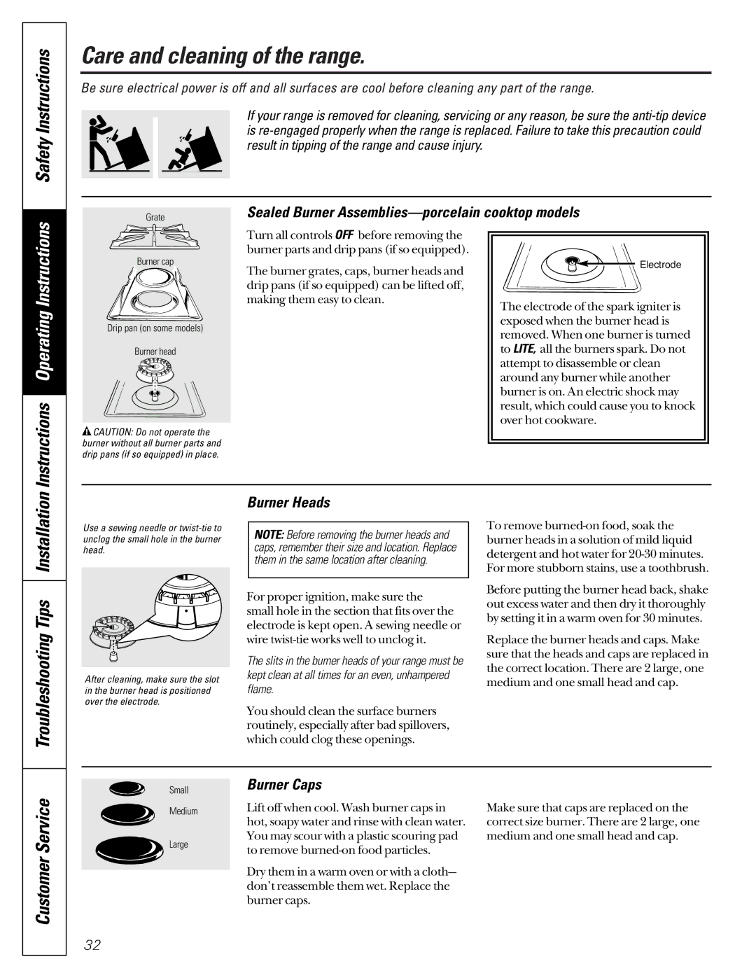 GE JCB920, JCB910 owner manual Care and cleaning of the range, Troubleshooting Tips Installation, Burner Heads, Burner Caps 