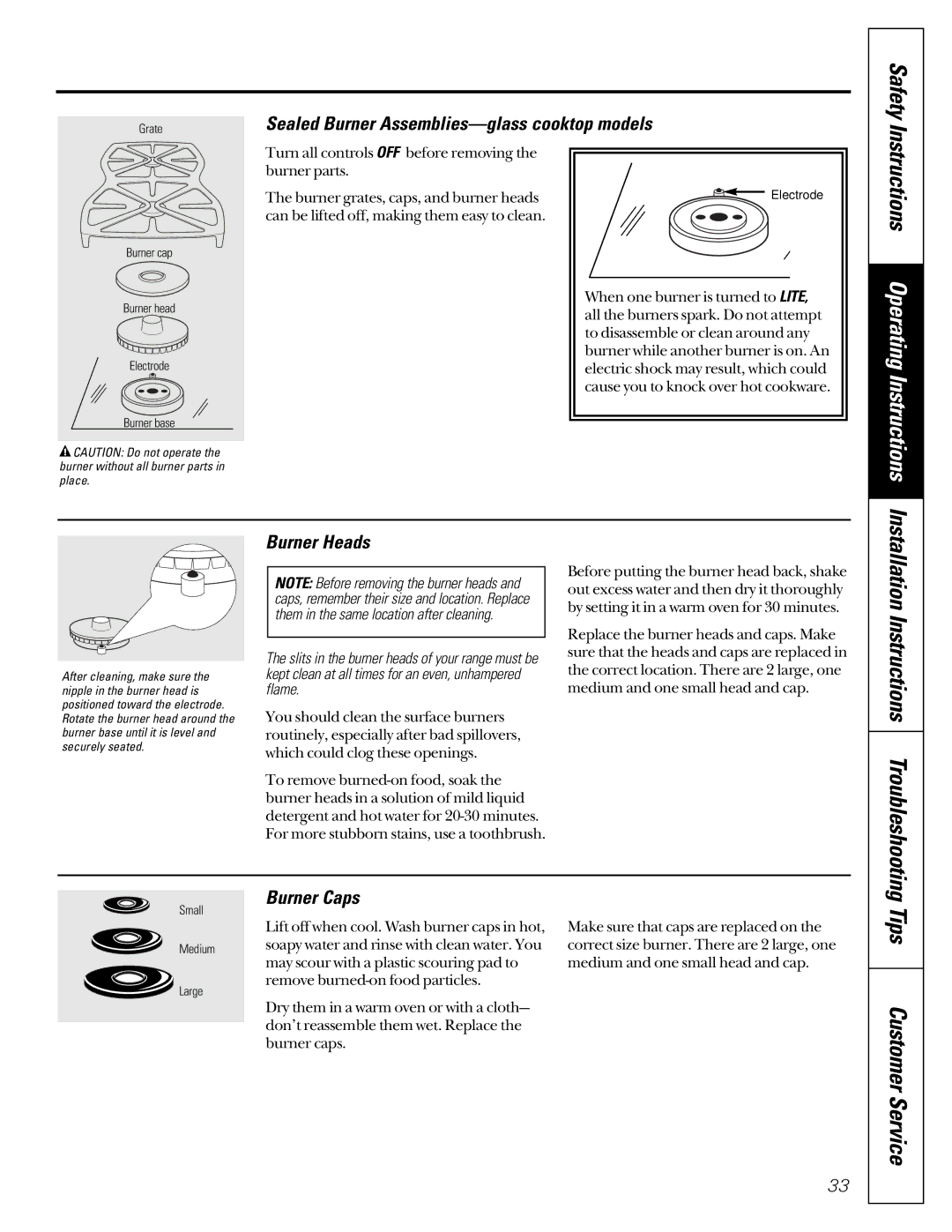 GE JCB910 Tips Customer Service, Installation Instructions Troubleshooting, Sealed Burner Assemblies-glass cooktop models 