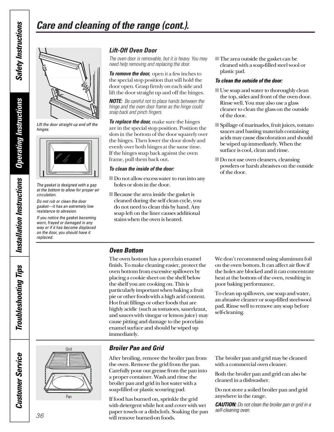 GE JCB920, JCB910 owner manual Troubleshooting Tips, Lift-Off Oven Door, Oven Bottom, Broiler Pan and Grid 