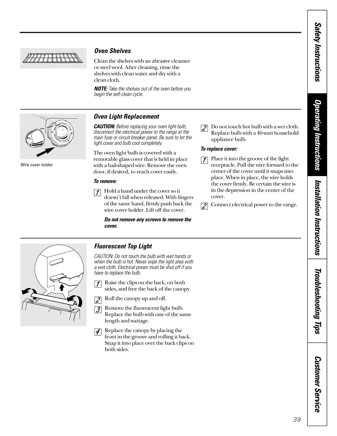 GE JCB910, JCB920 owner manual Safety Instructions Operating, Oven Shelves, Oven Light Replacement, Fluorescent Top Light 