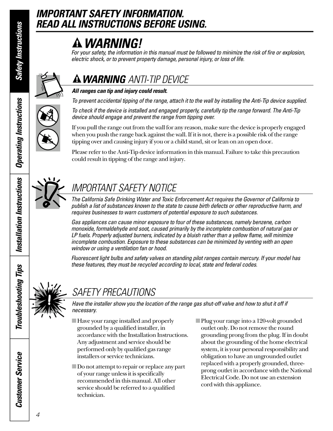 GE JCB920, JCB910 owner manual Important Safety Notice, All ranges can tip and injury could result 