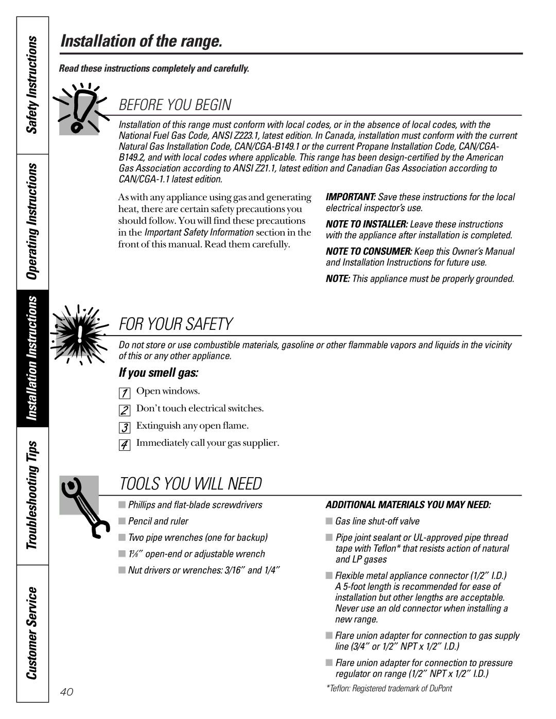 GE JCB920, JCB910 Installation of the range, Read these instructions completely and carefully, Operating Instructions 