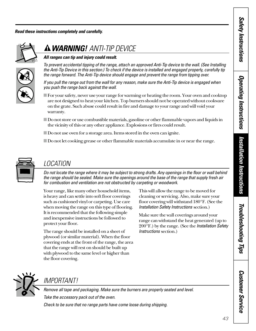 GE JCB910, JCB920 owner manual Location 