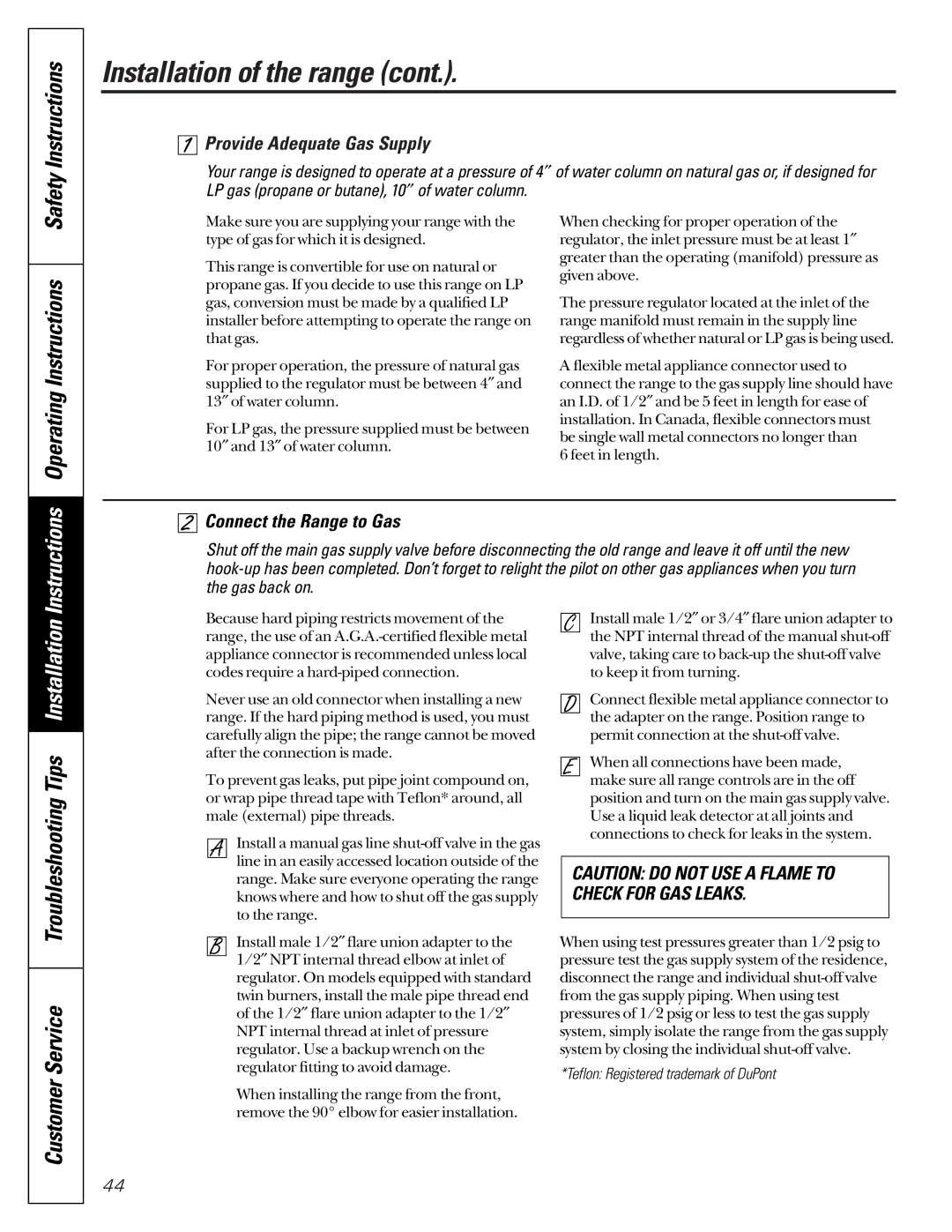 GE JCB920, JCB910 owner manual Operating Instructions, Provide Adequate Gas Supply, Connect the Range to Gas 