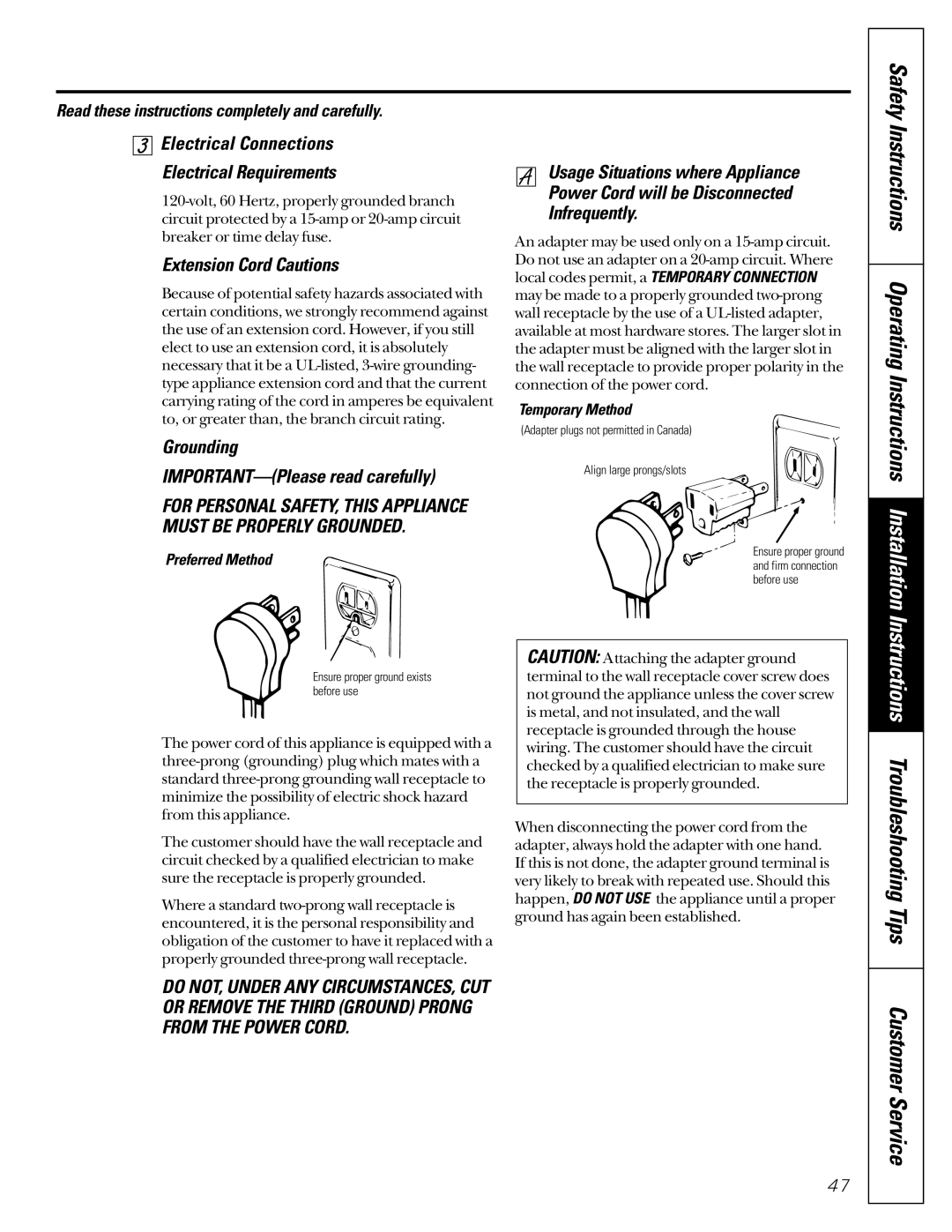 GE JCB910 Electrical Connections Electrical Requirements, Extension Cord Cautions, Preferred Method, Temporary Method 