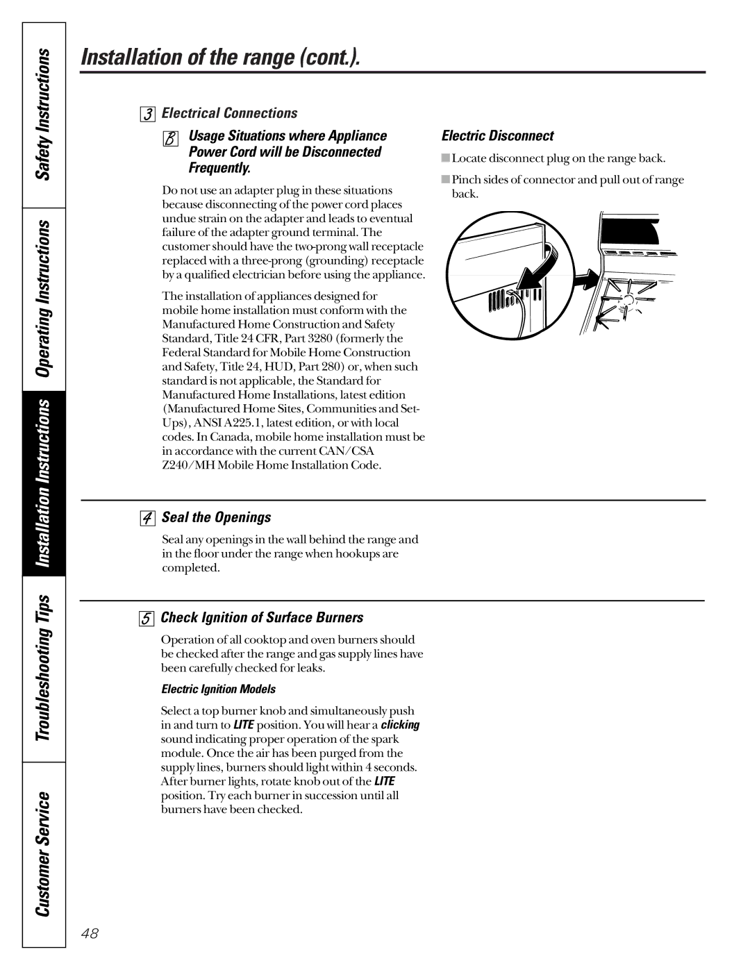 GE JCB920 Instructions Operating Instructions Safety, Electric Disconnect, Seal the Openings, Electric Ignition Models 