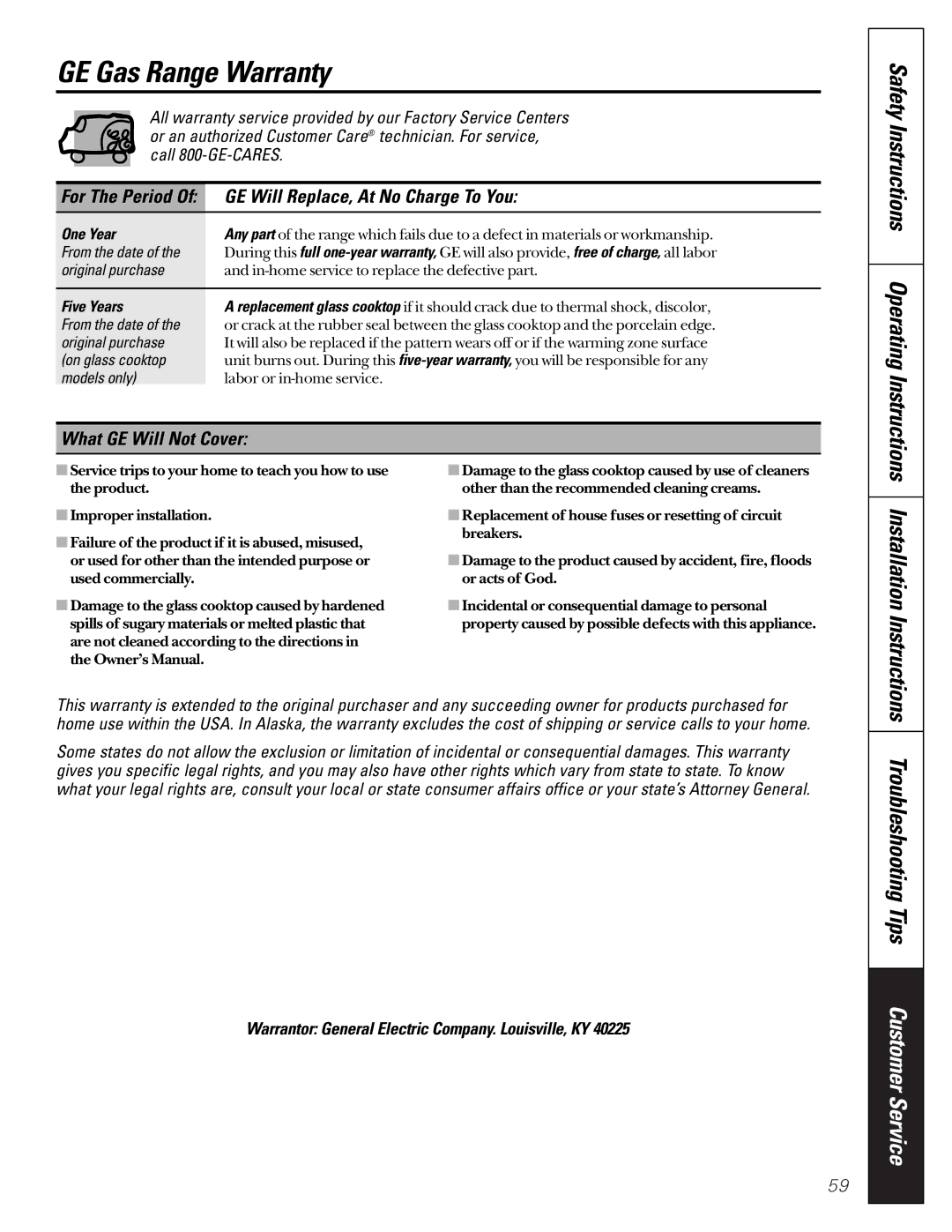 GE JCB910, JCB920 GE Gas Range Warranty, Safety Instructions Operating Instructions, GE Will Replace, At No Charge To You 