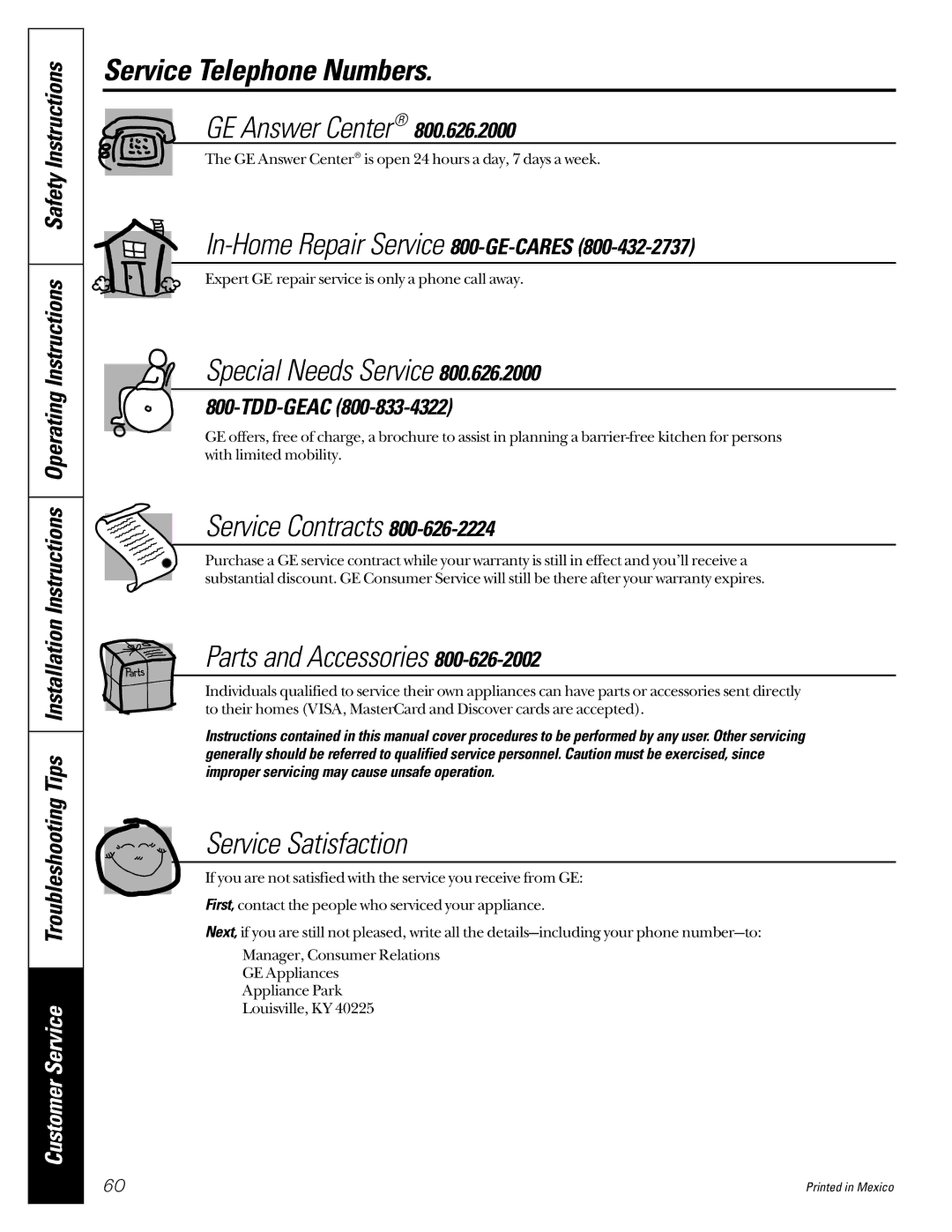 GE JCB920, JCB910 owner manual Service Telephone Numbers, GE Answer Center 