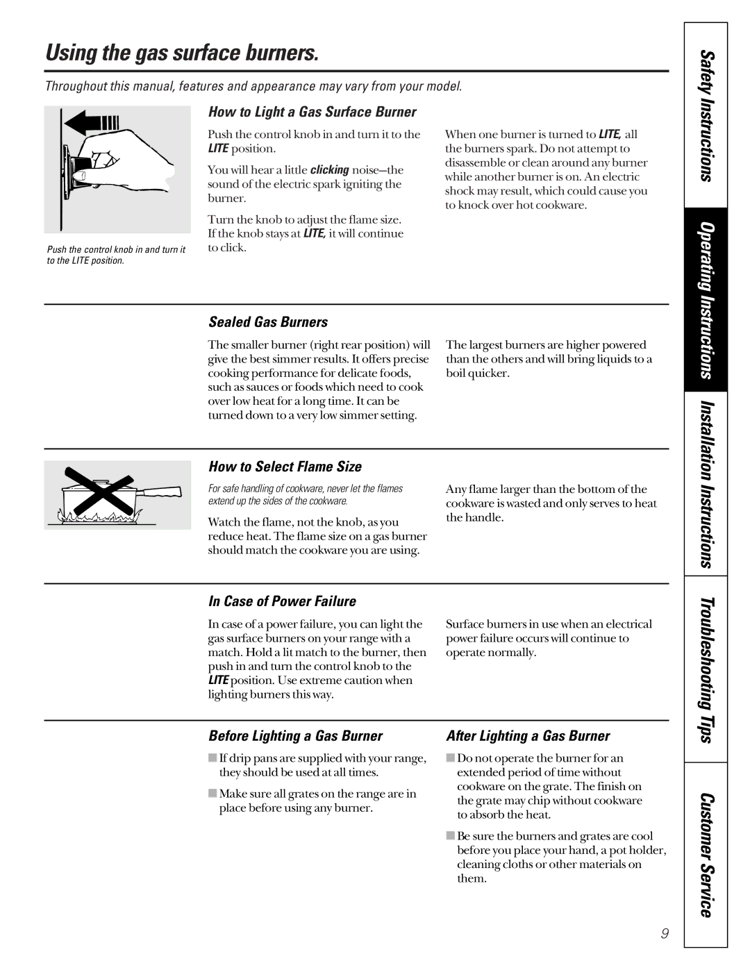 GE JCB910, JCB920 owner manual Using the gas surface burners, Safety, Instructions Operating, Customer Service 