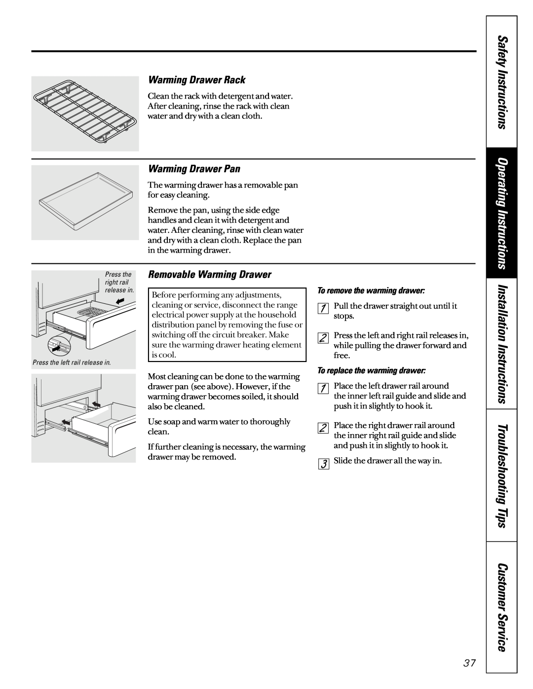 GE JCB910 Safety Instructions Operating Instructions, Warming Drawer Rack, Warming Drawer Pan, Removable Warming Drawer 