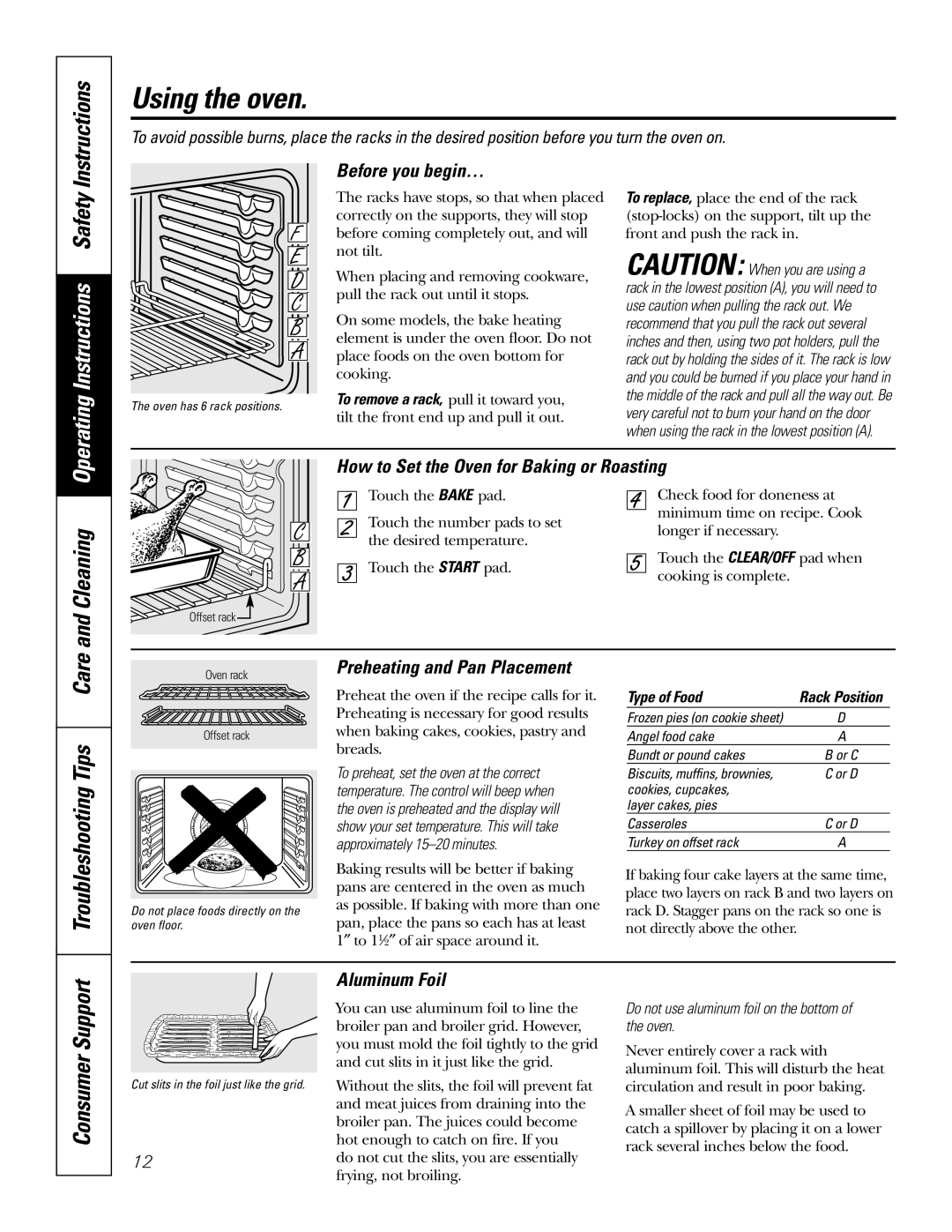 GE JCB968, JCB905 owner manual Preheating and Pan Placement, Aluminum Foil, Before you begin…, Type of Food 