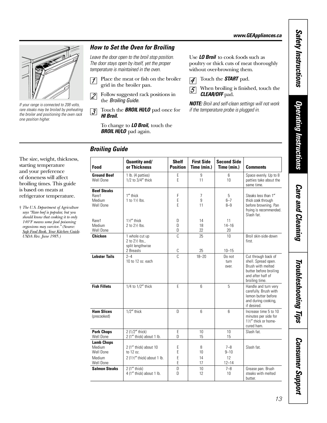 GE JCB905, JCB968 owner manual How to Set the Oven for Broiling, Broiling Guide, Safety, HI Broil 