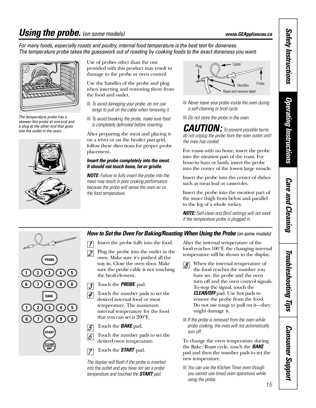 GE JCB905 Using the probe. on some models, Troubleshooting Tips Consumer Support, Do not store the probe in the oven 