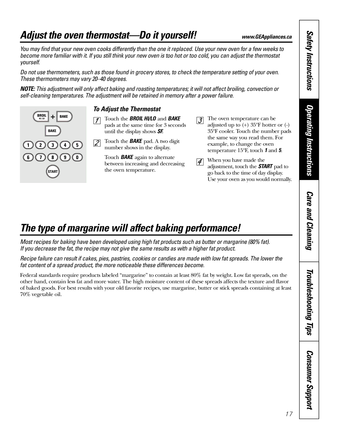 GE JCB905, JCB968 owner manual Adjust the oven thermostat-Do it yourself, Type of margarine will affect baking performance 