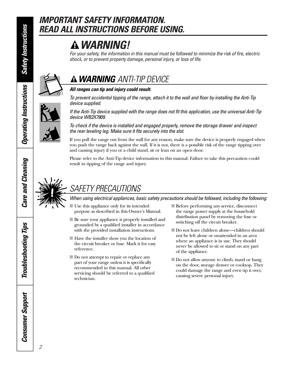 GE JCB968, JCB905 owner manual Consumer Support Troubleshooting Tips, All ranges can tip and injury could result 