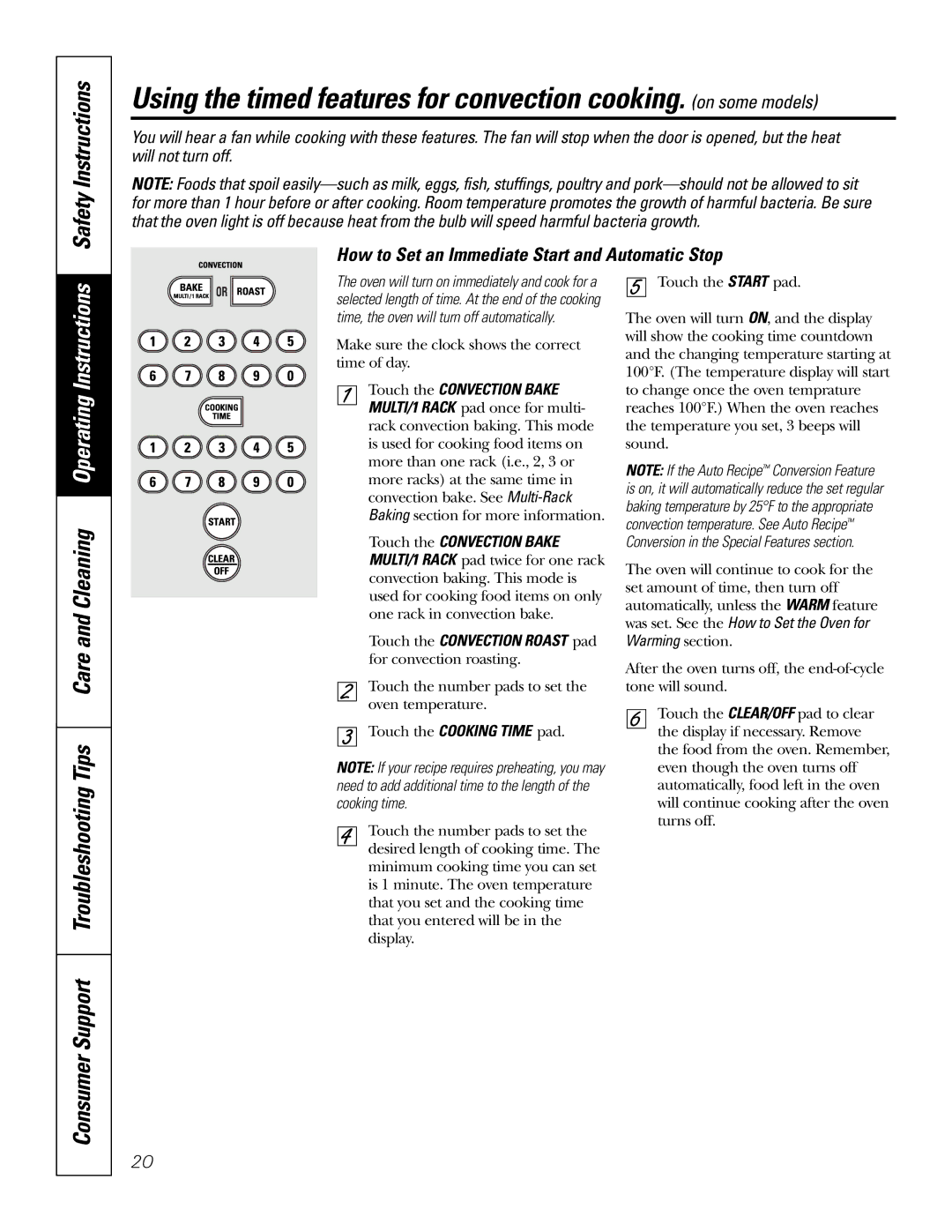 GE JCB968, JCB905 owner manual Safety Instructions, Touch the Convection Bake 