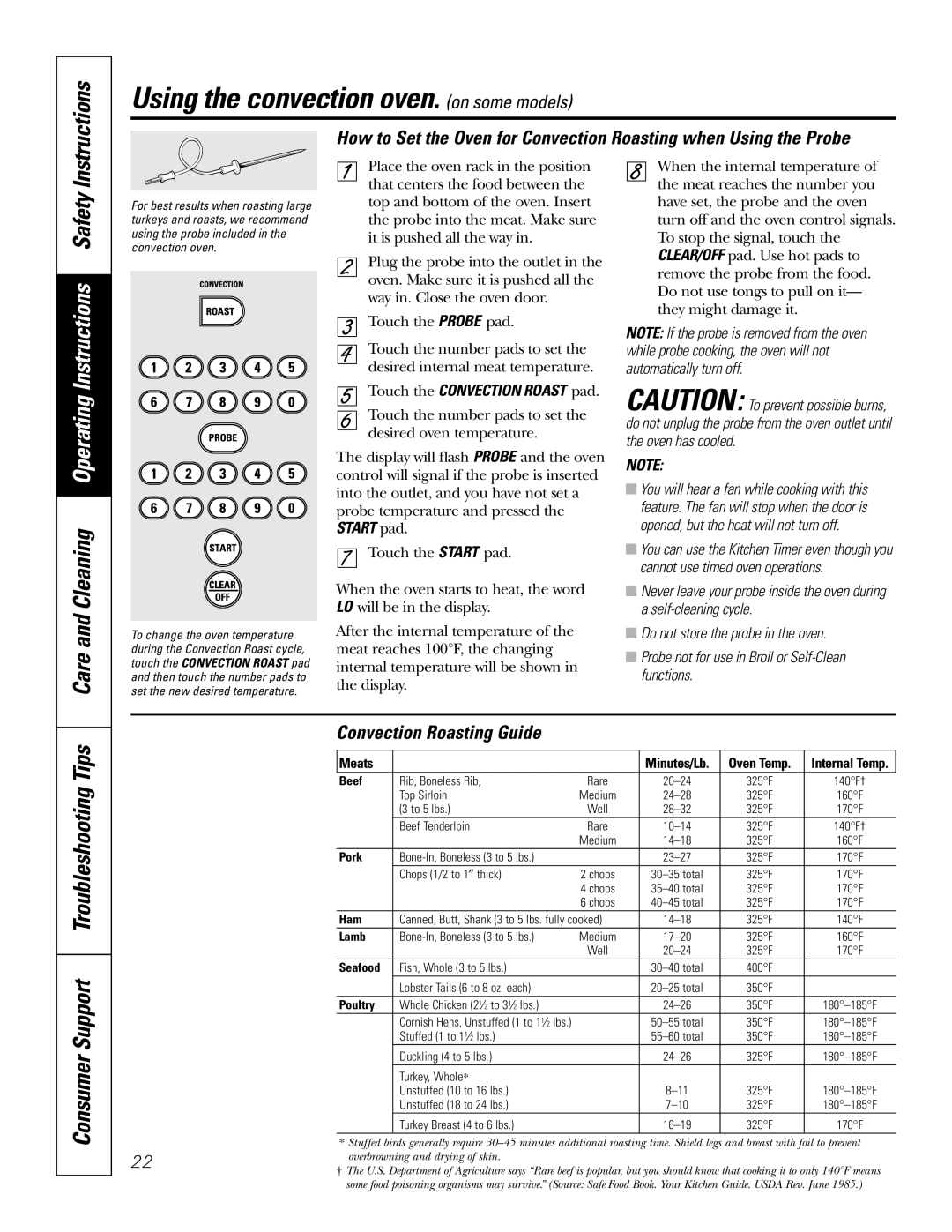 GE JCB968 Care and Cleaning Operating Instructions Safety, Convection Roasting Guide, Touch the Convection Roast pad 