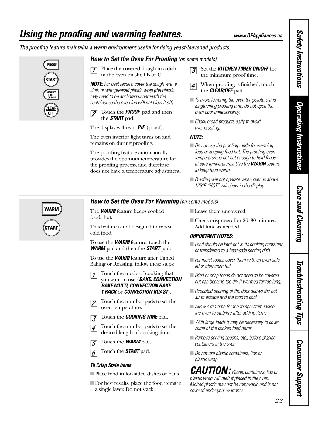 GE JCB905 Using the proofing and warming features, Cleaning Troubleshooting Tips Consumer Support, To Crisp Stale Items 