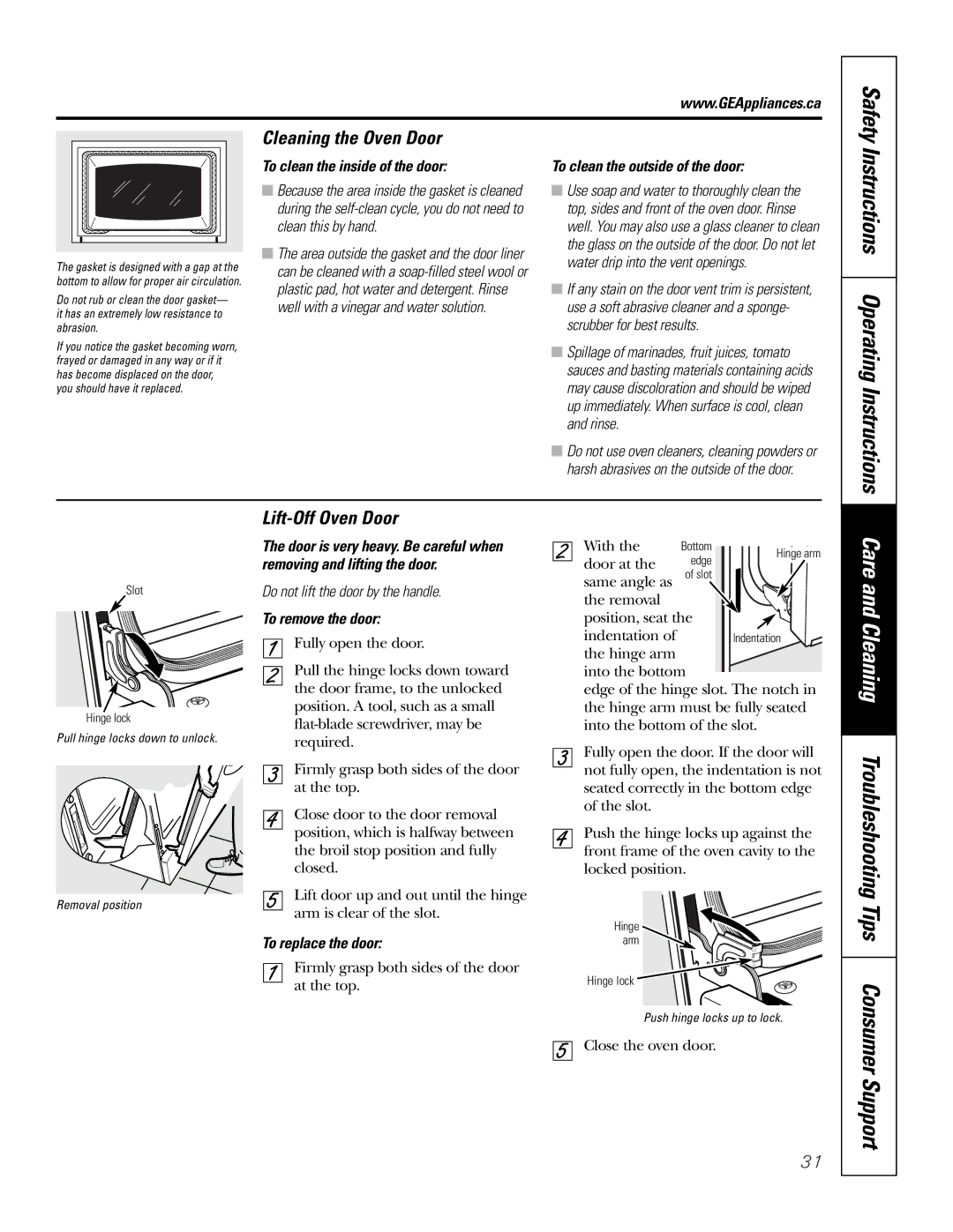 GE JCB905, JCB968 Care and Cleaning Troubleshooting Tips, Instructions Operating Instructions, Cleaning the Oven Door 