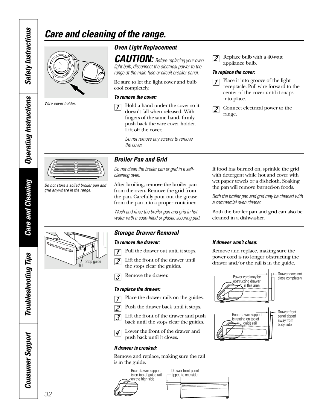 GE JCB968, JCB905 owner manual Consumer, Oven Light Replacement, Broiler Pan and Grid, Storage Drawer Removal 