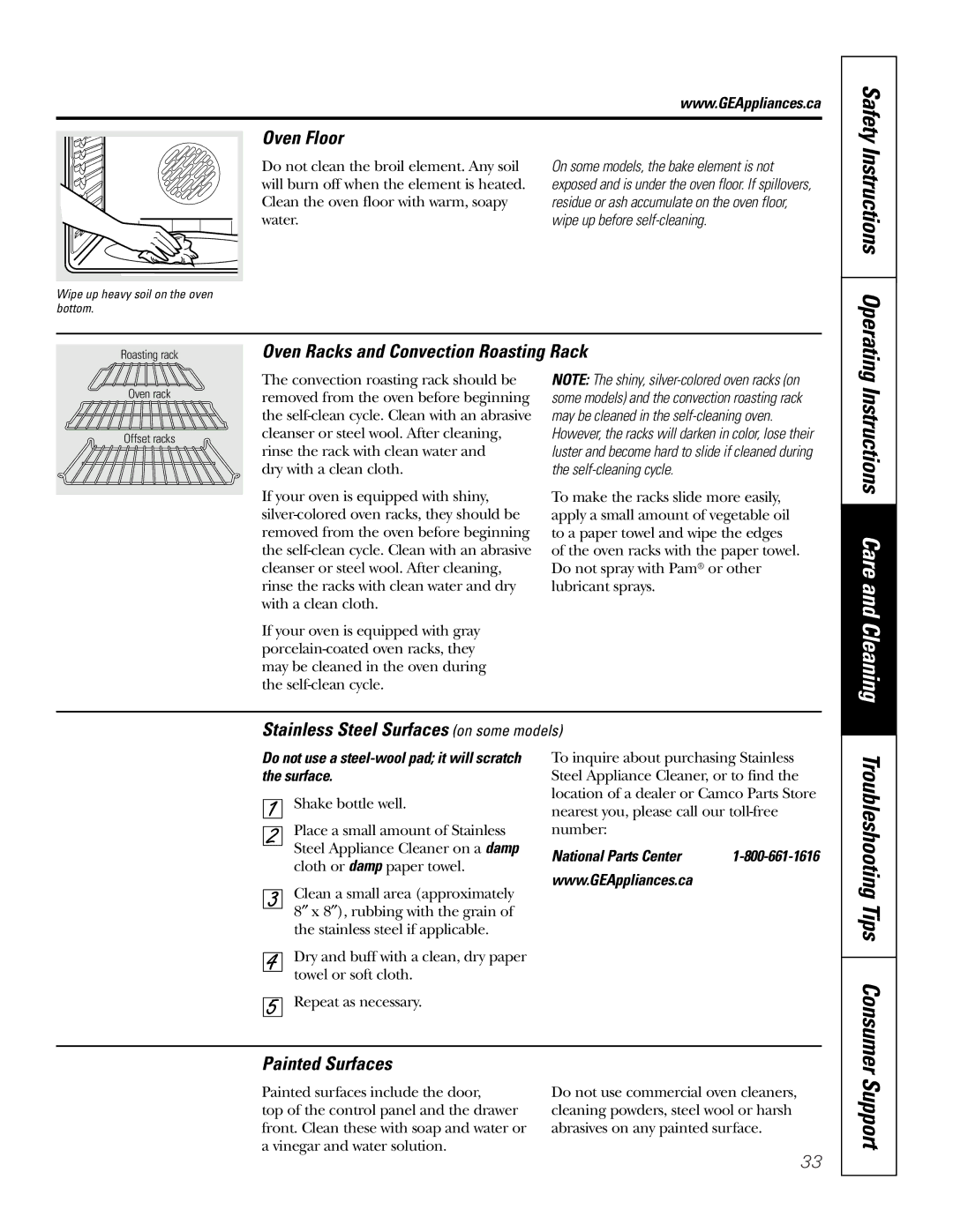 GE JCB905, JCB968 Troubleshooting Tips Consumer, Oven Floor, Oven Racks and Convection Roasting Rack, Painted Surfaces 