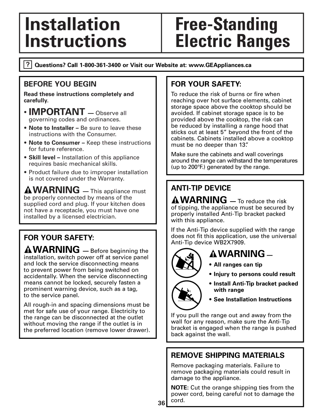 GE JCB968, JCB905 owner manual Installation Instructions 