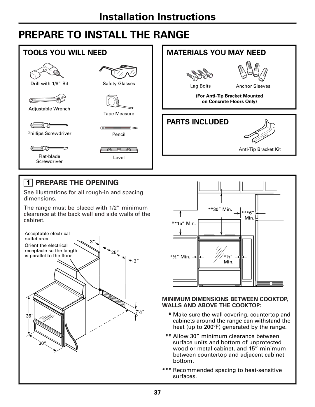 GE JCB905, JCB968 owner manual Prepare to Install the Range 