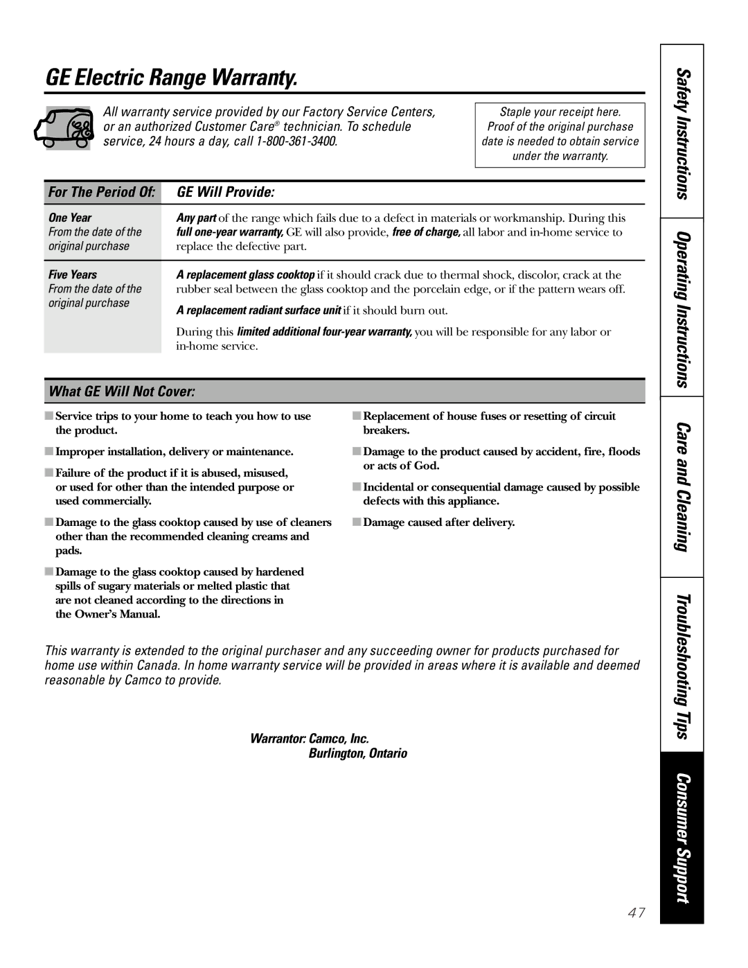 GE JCB905 GE Electric Range Warranty, Care and Cleaning, Safety Instructions Operating Instructions, GE Will Provide 