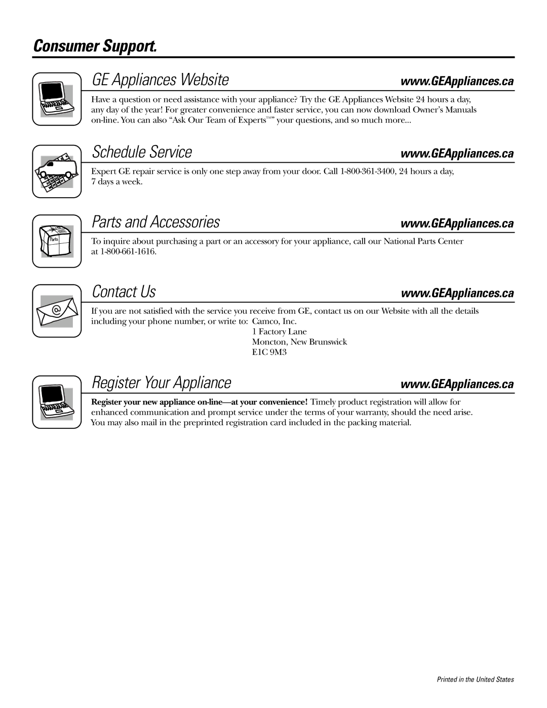 GE JCB968, JCB905 owner manual Consumer Support GE Appliances Website Schedule Service, Parts and Accessories, Contact Us 