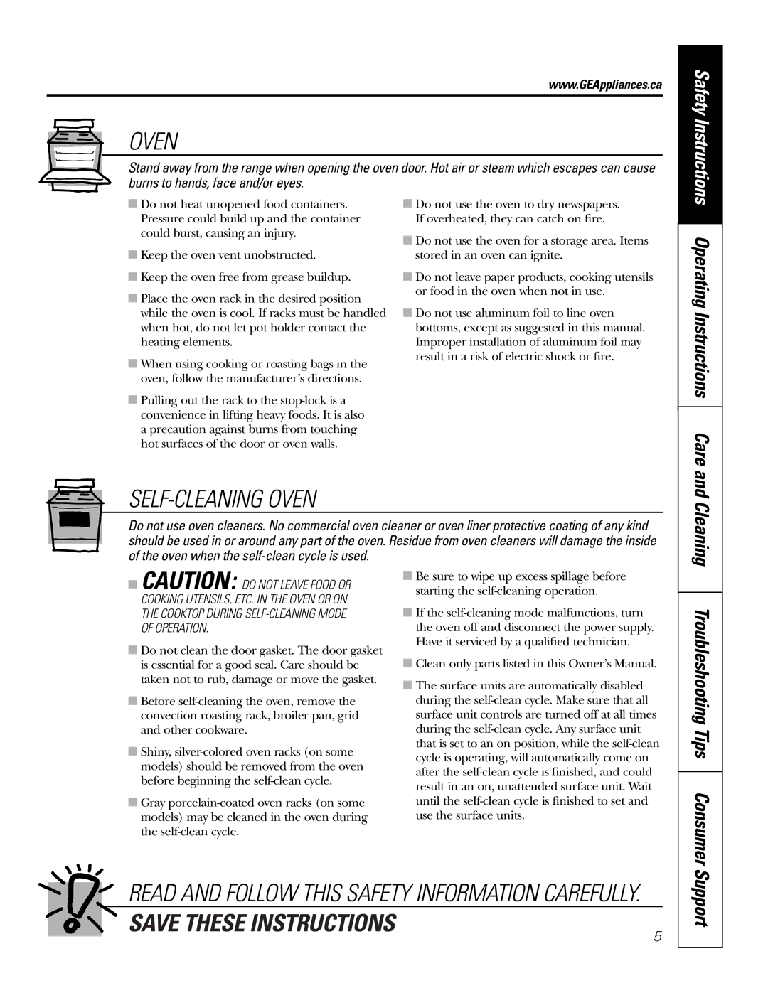 GE JCB905, JCB968 owner manual Troubleshooting Tips Consumer, Operating Instructions Care, Cleaning 