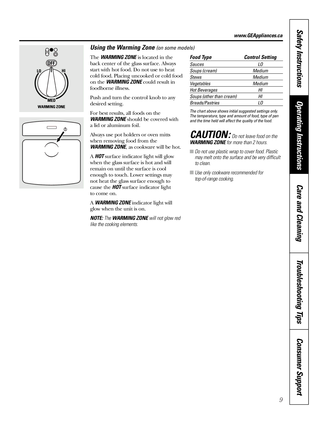 GE JCB905, JCB968 owner manual Instructions Operating, Using the Warming Zone on some models, Food Type 