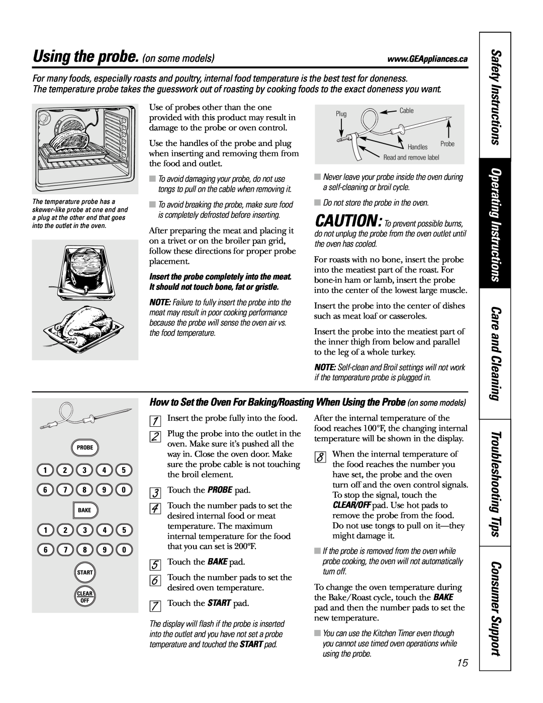 GE JCB905, JCB968 owner manual Using the probe. on some models, Troubleshooting Tips Consumer Support, Safety 