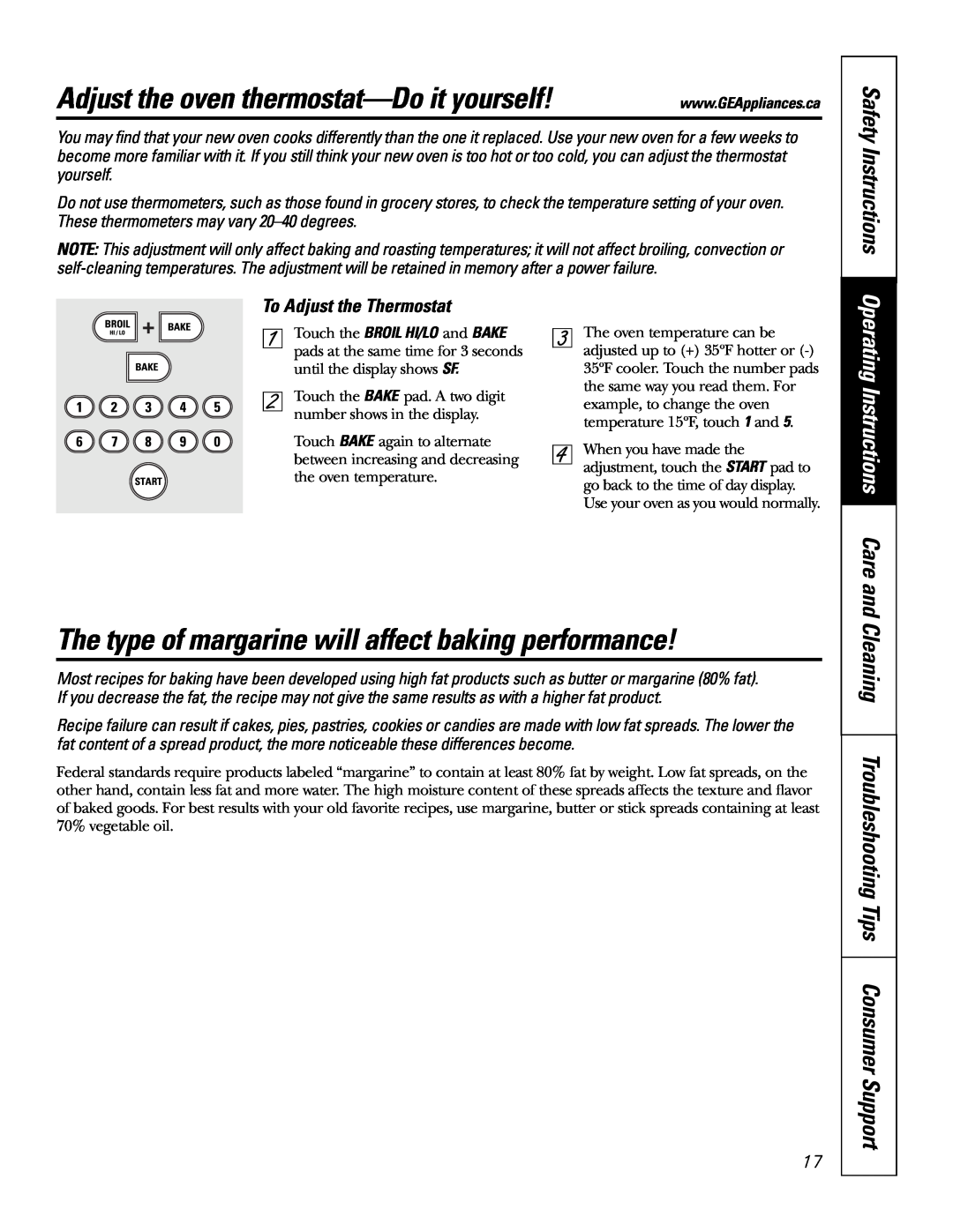 GE JCB905 Adjust the oven thermostat-Doit yourself, Cleaning Troubleshooting Tips Consumer Support, Safety Instructions 