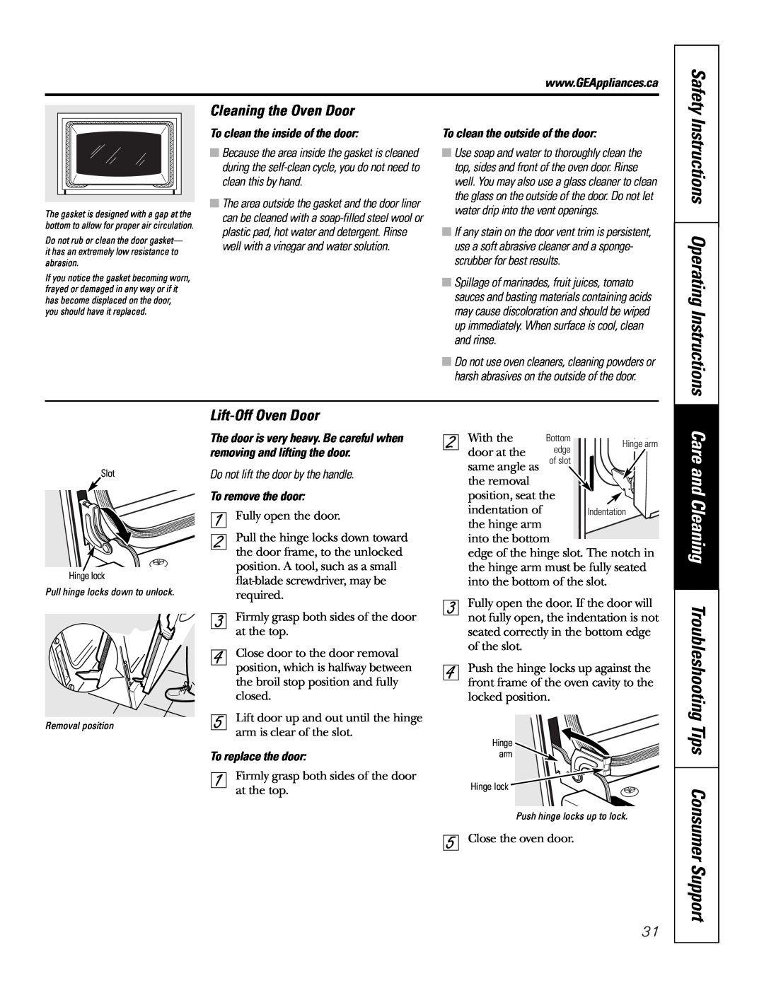 GE JCB905, JCB968 Care and Cleaning Troubleshooting Tips, Instructions Operating Instructions, Cleaning the Oven Door 