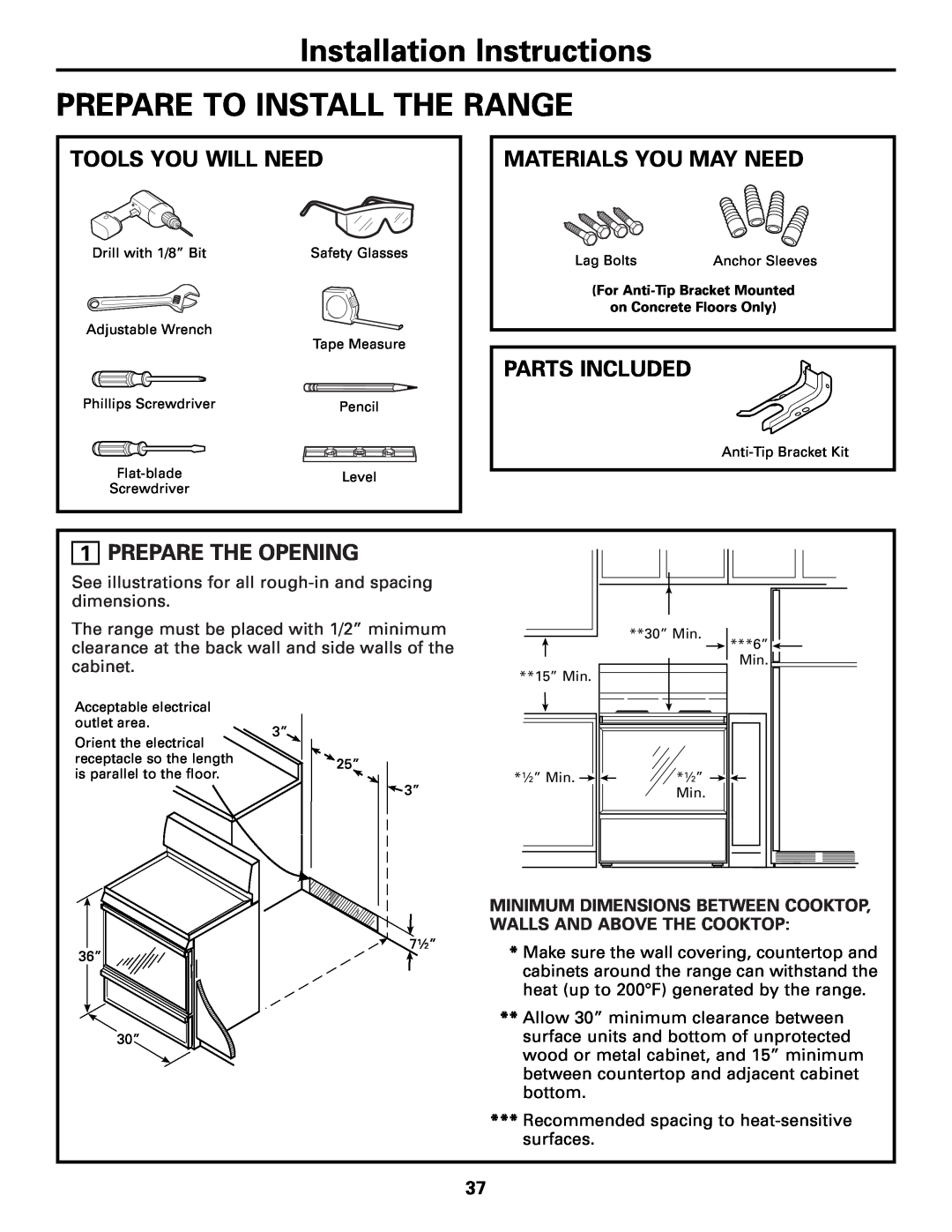 GE JCB905, JCB968 Installation Instructions, Prepare To Install The Range, Tools You Will Need, Materials You May Need 