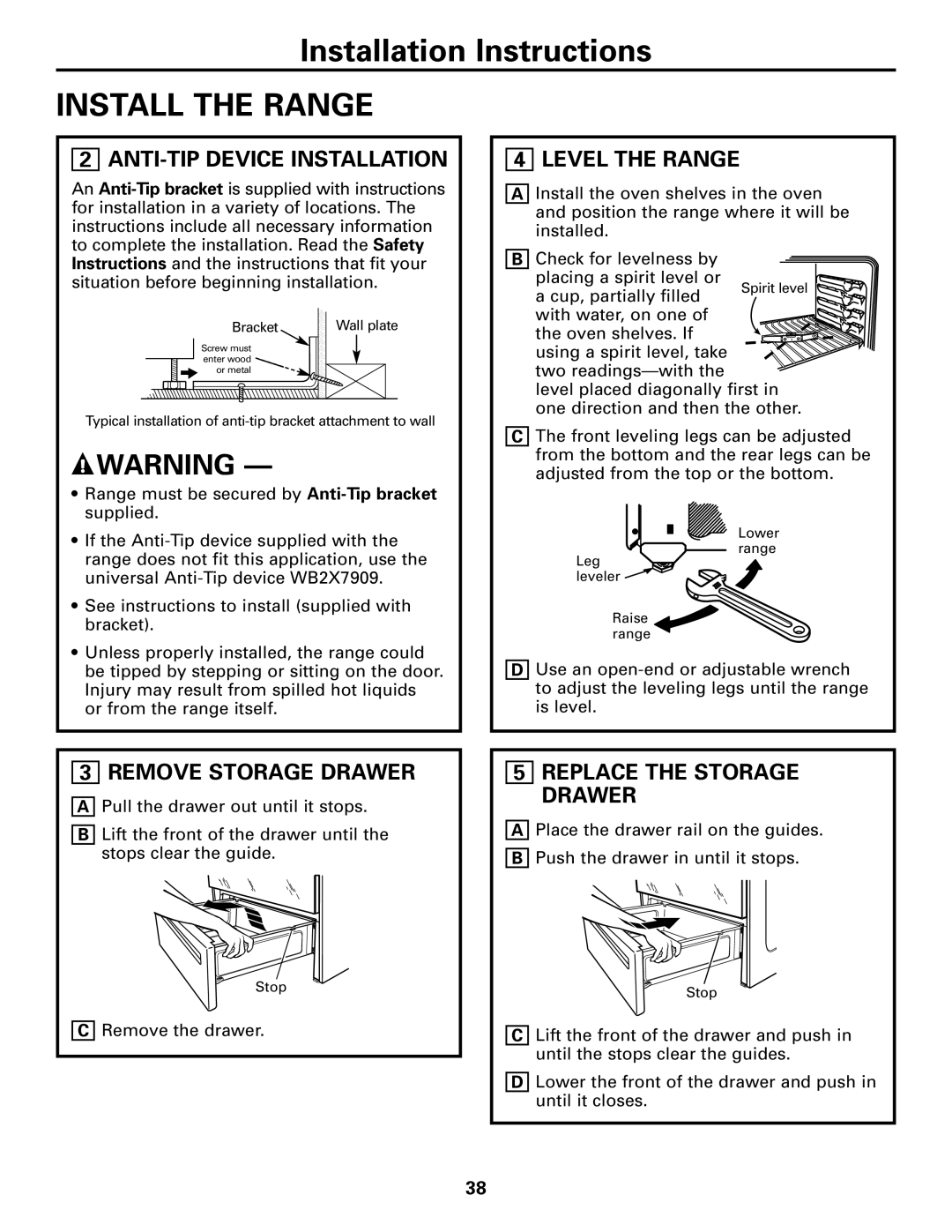 GE JCB968 Installation Instructions INSTALL THE RANGE, Anti-Tipdevice Installation, Level The Range, Remove Storage Drawer 