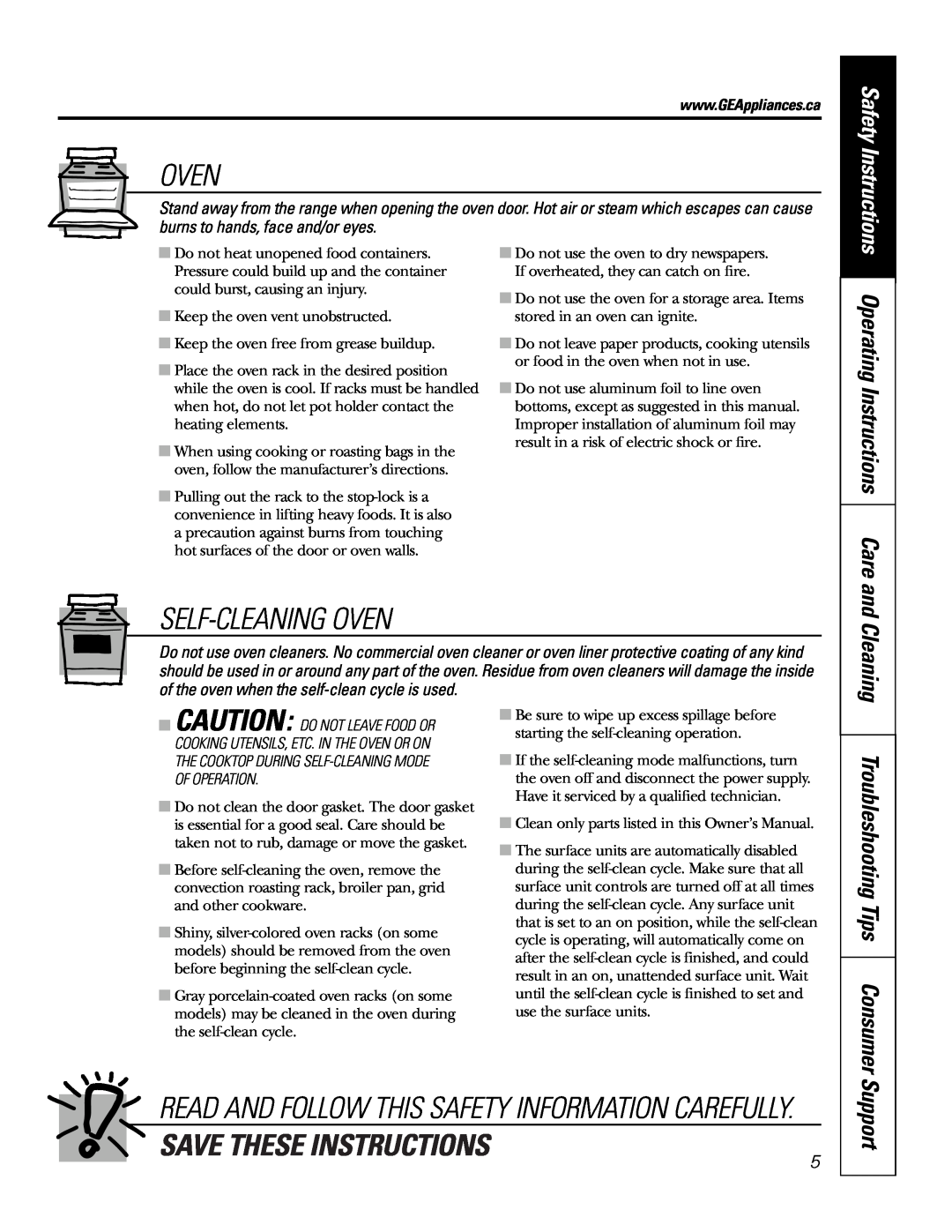 GE JCB905 Oven, Self-Cleaningoven, Save These Instructions, Troubleshooting Tips Consumer, Operating Instructions Care and 