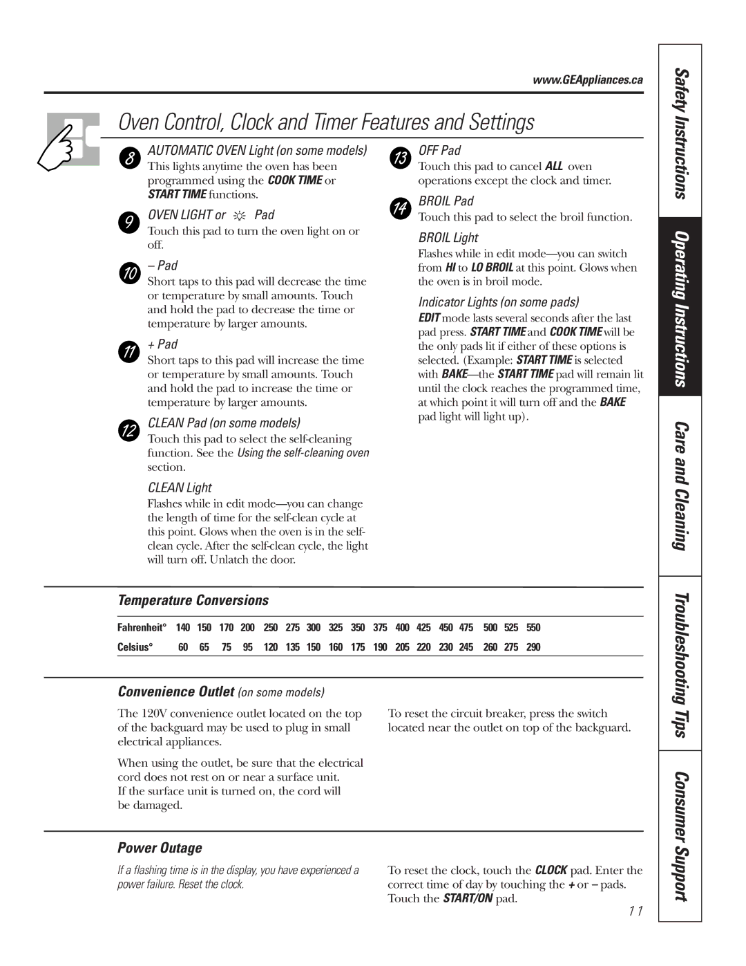 GE JCB710 Tips Consumer, Instructions Operating Instructions Care and Cleaning, Temperature Conversions, Power Outage 