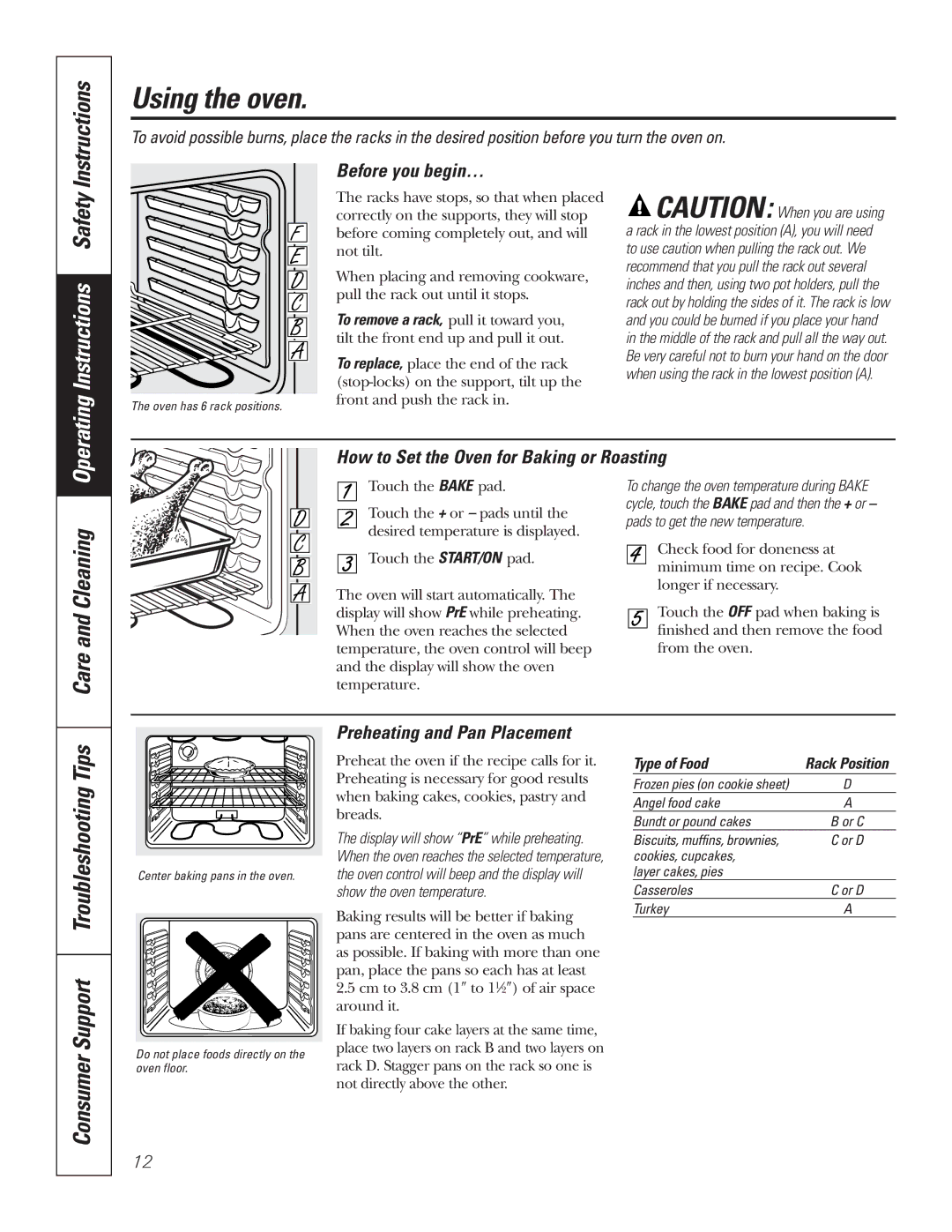 GE ECBP82, JCBP67, JCBP65, JCBP70, JCBP83, JCBP78 Using the oven, Care and Cleaning, Troubleshooting Tips, Consumer Support 