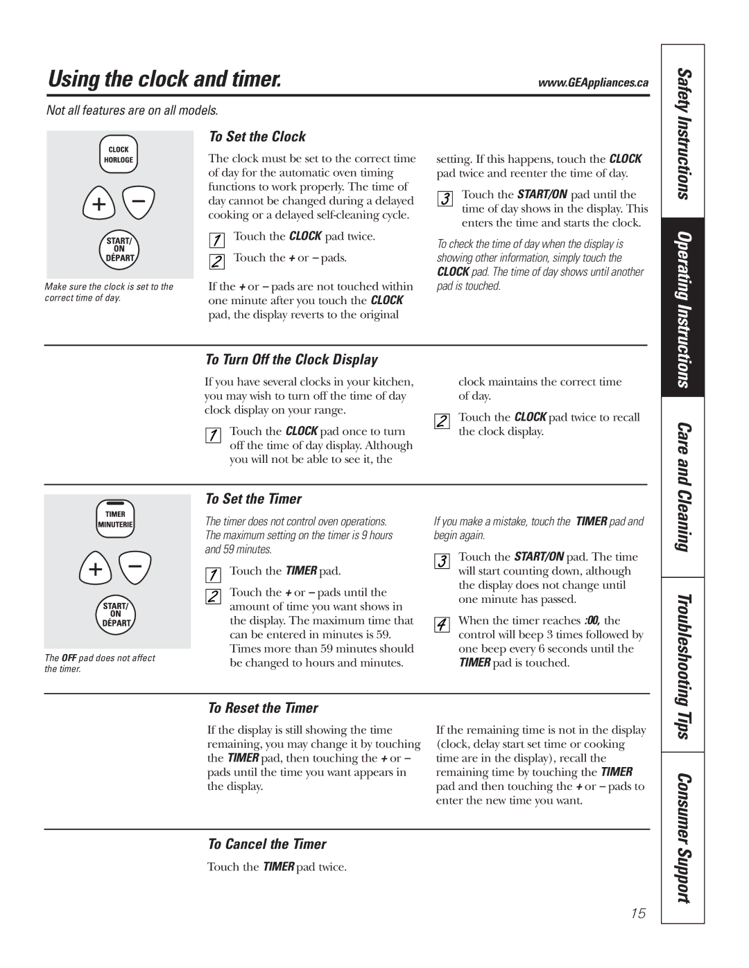 GE JCBP70, JCBP67, JCBP65, JCBP83, JCBP78, JCBP81 Using the clock and timer, Care, Cleaning Troubleshooting, Tips Consumer 